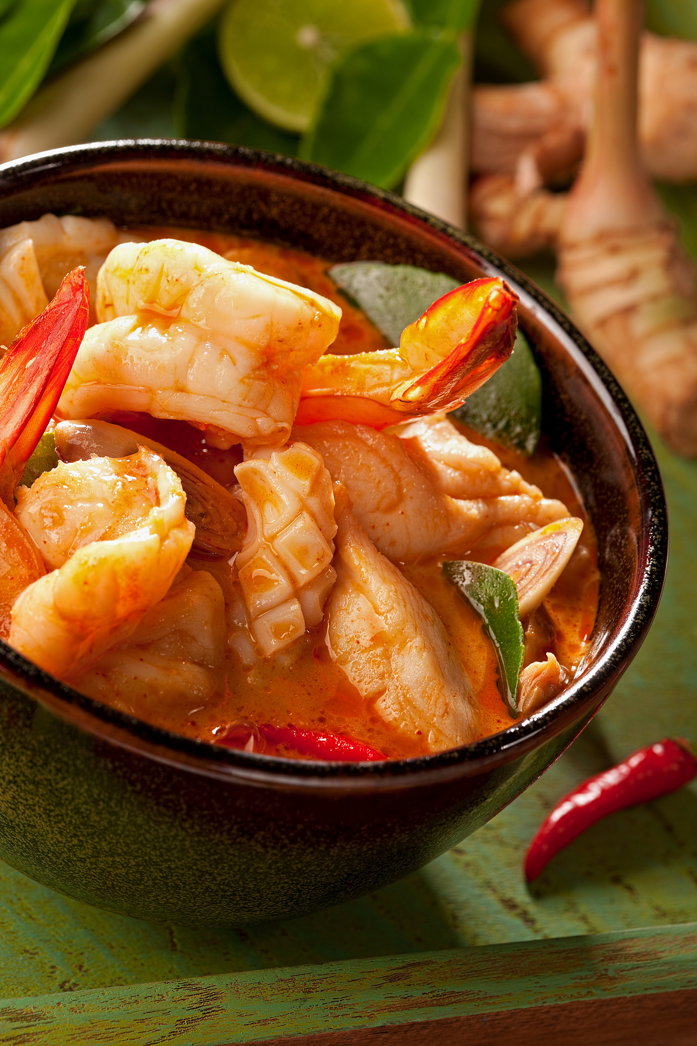 spicy thai tom yam seafood soup.
