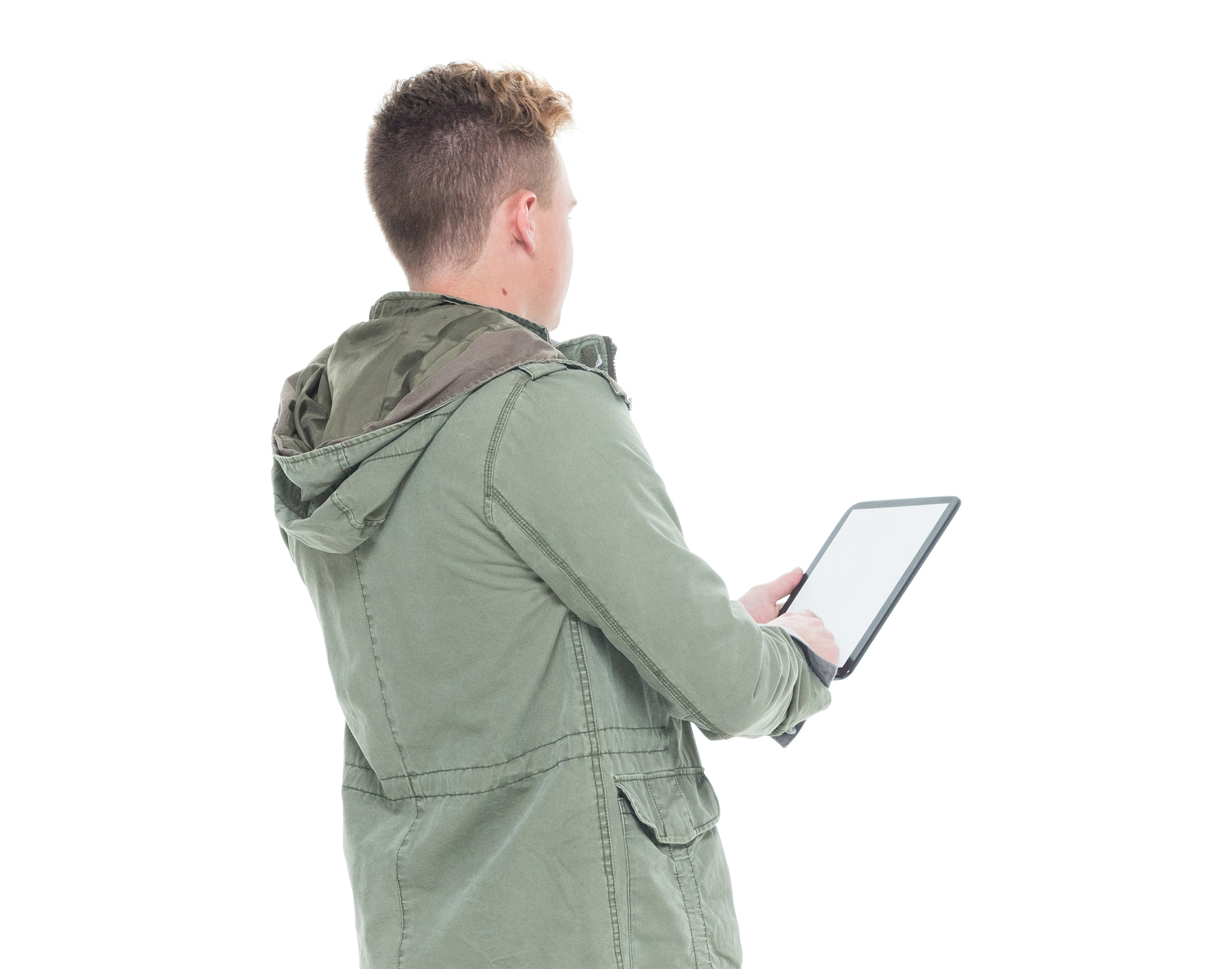 rear view of man using tablet