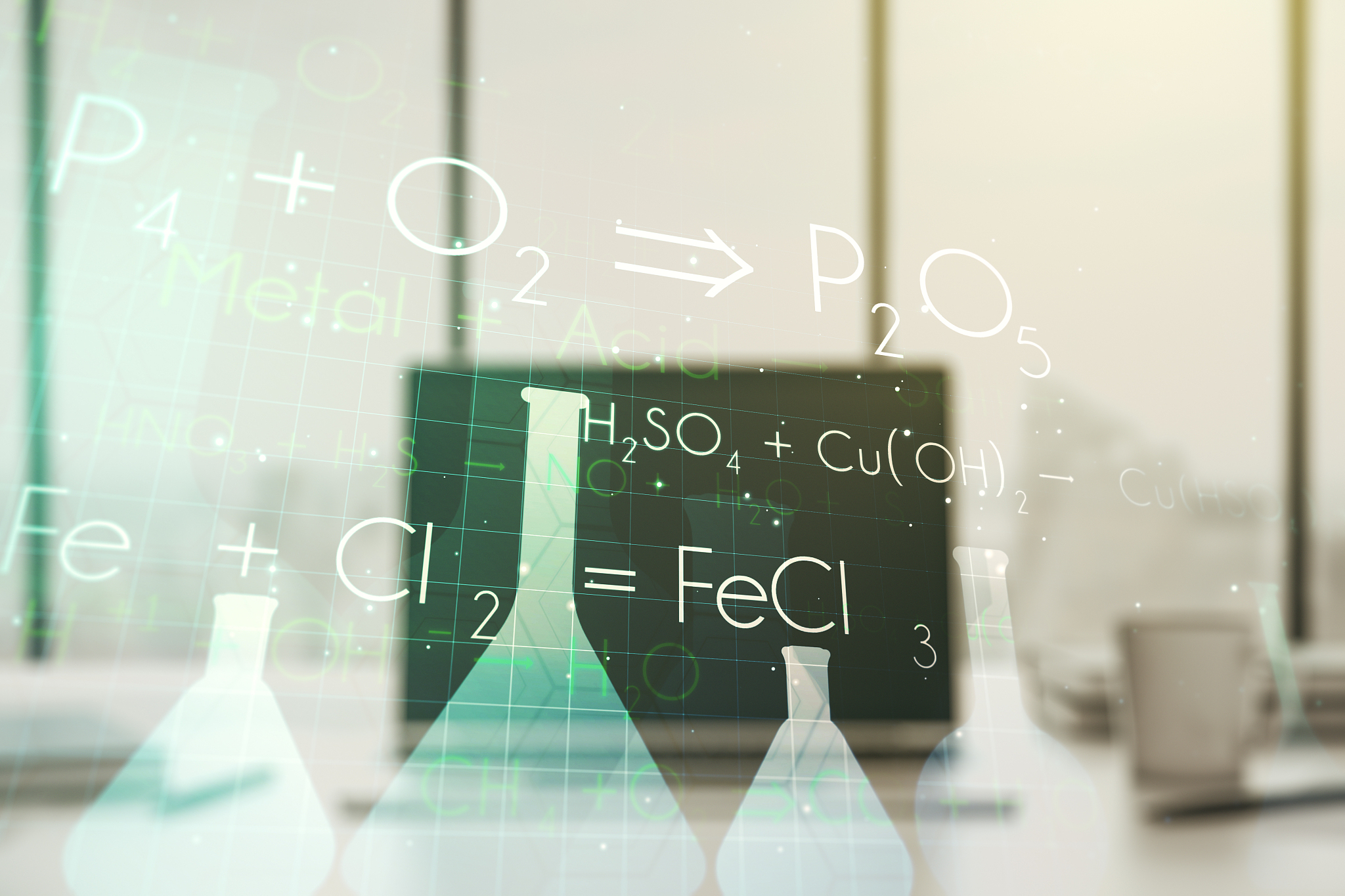 creative chemistry illustration on modern computer background, s