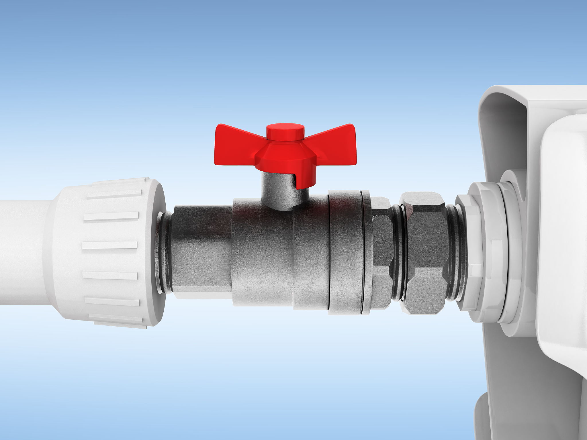 illustration of a radiator with a ball valve close-up on blue gr