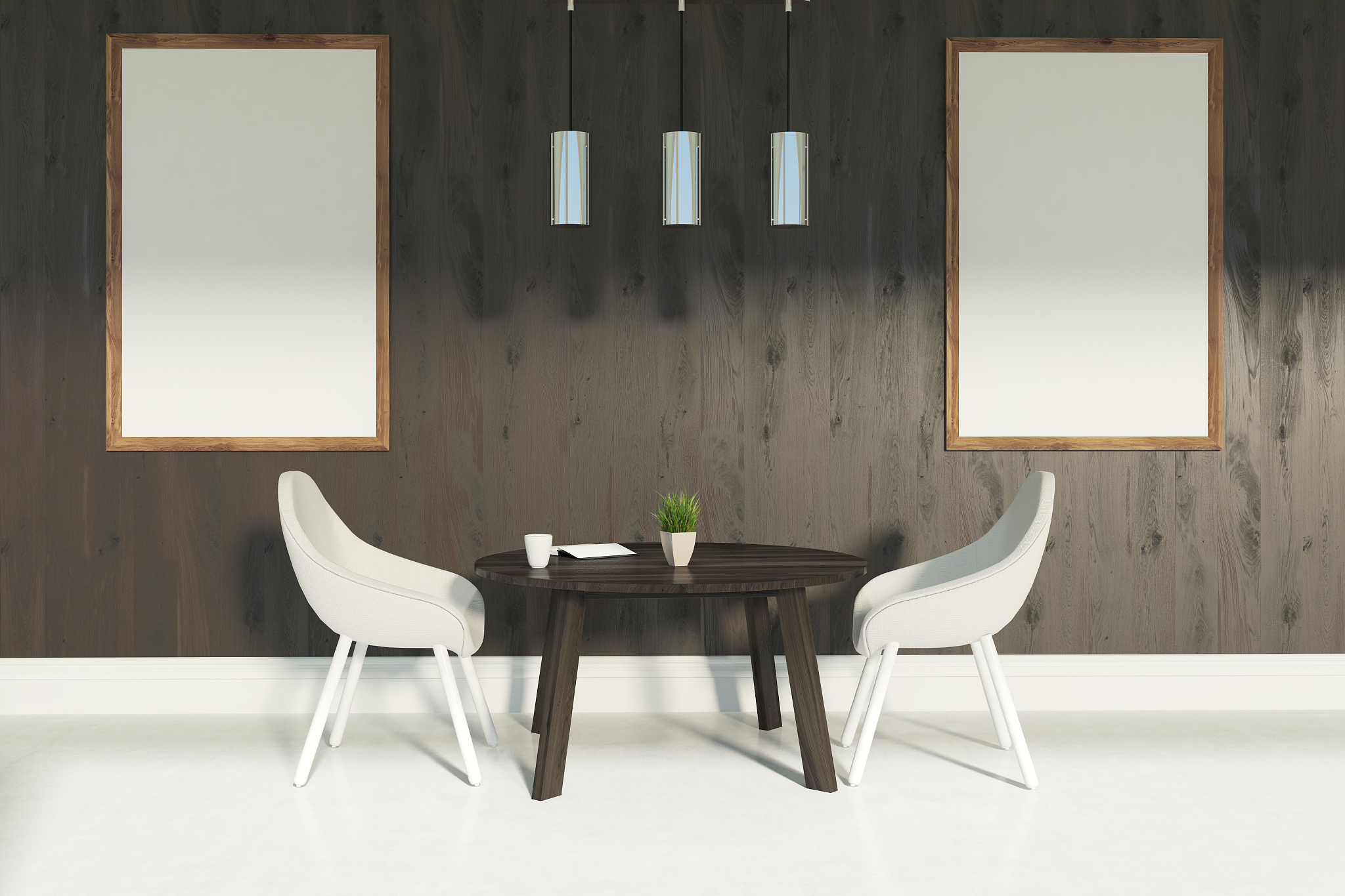 white chairs dining room, two posters