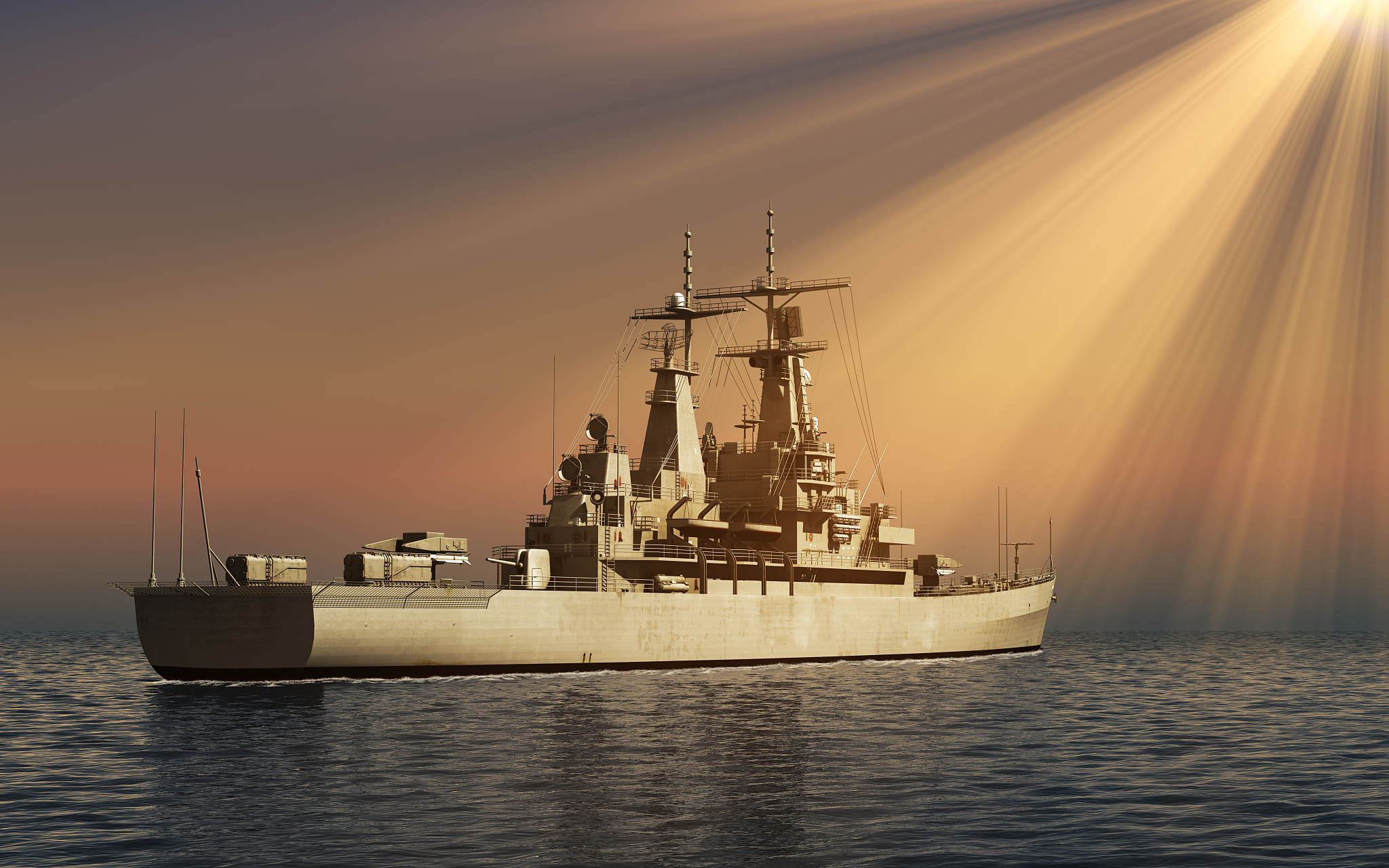modern warship in rays of the sun