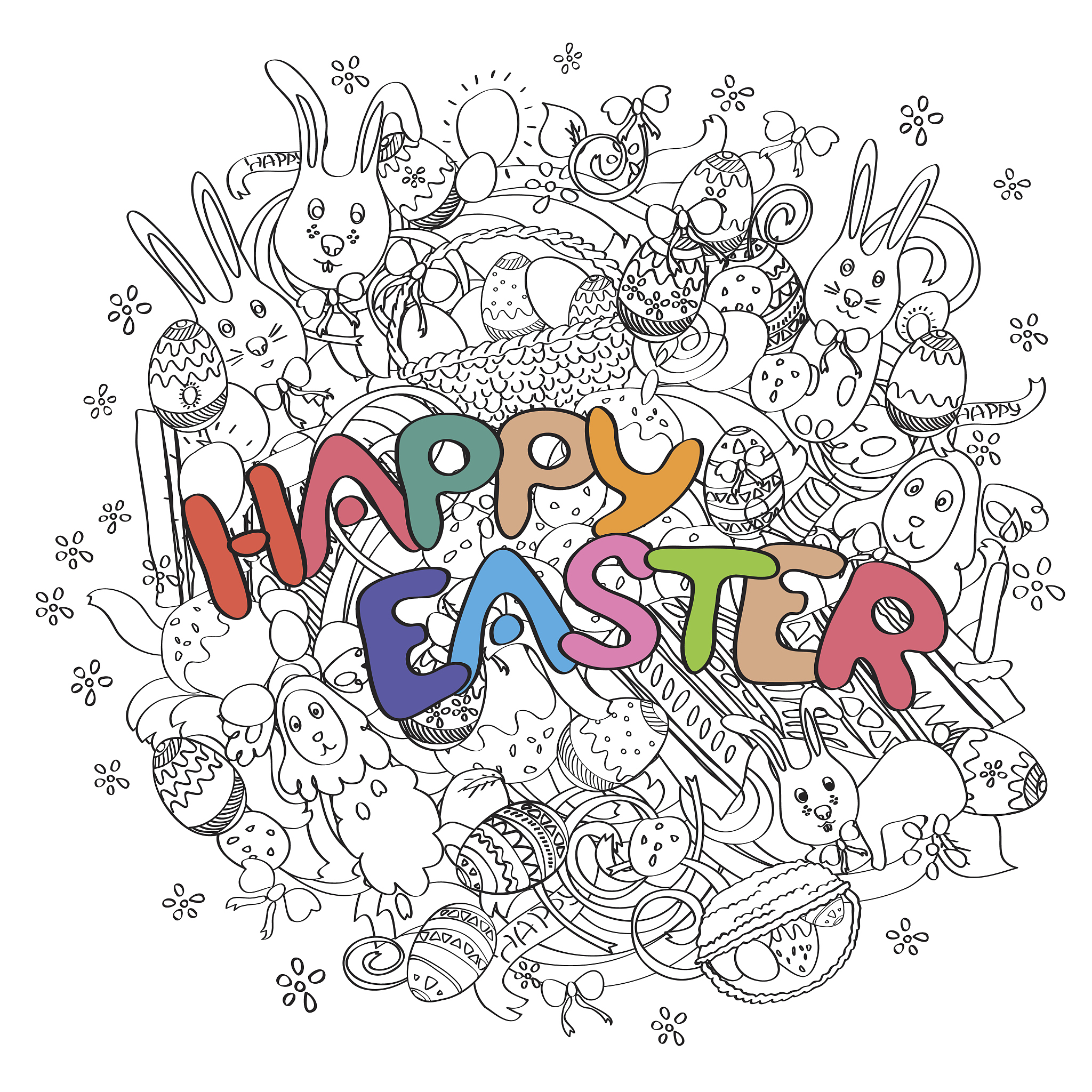 happy easter isolated on black and white doodle background