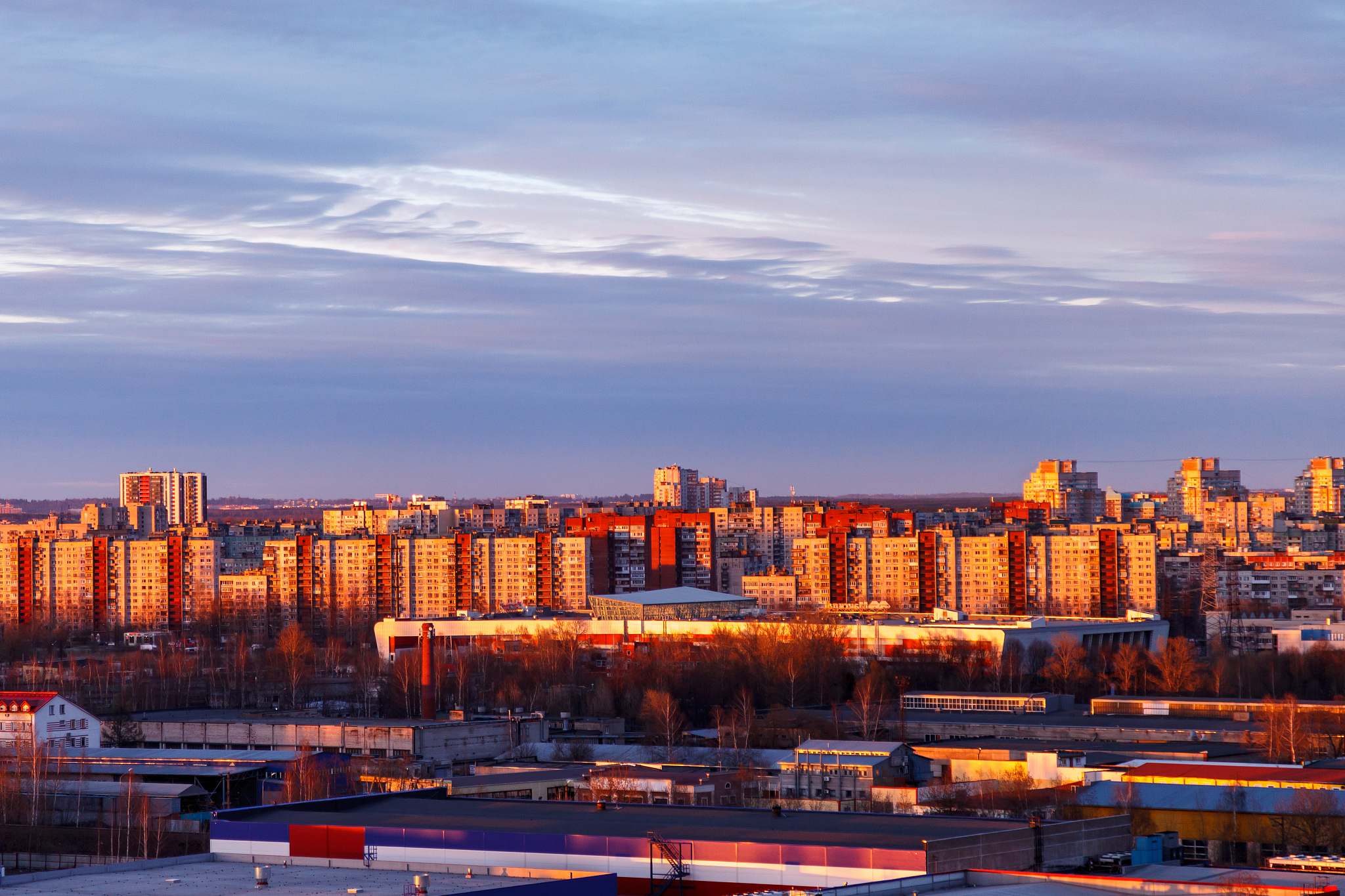 aerial photography of the evening industrial district of a large