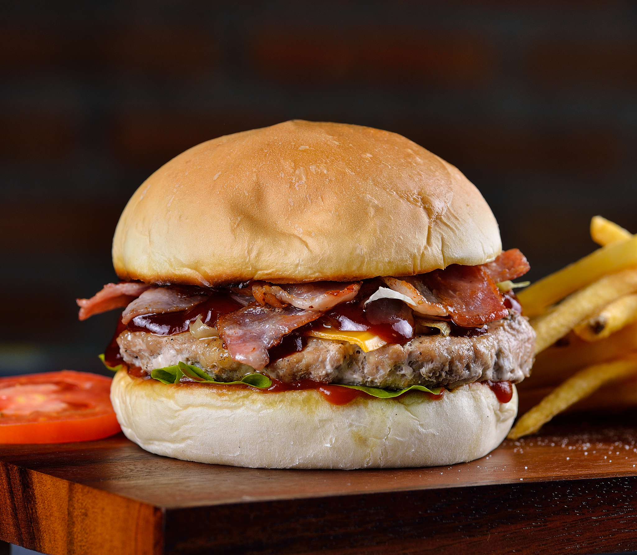 junk food yummy meat hamburger on wooden table