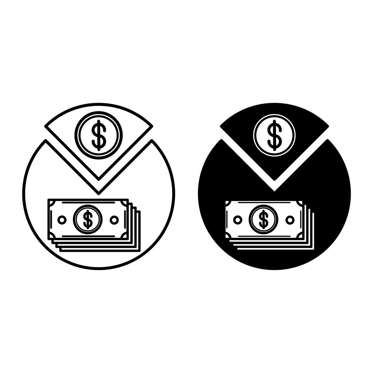 资金图标.图形和线条矢量插图.图表,美元硬币和纸币堆