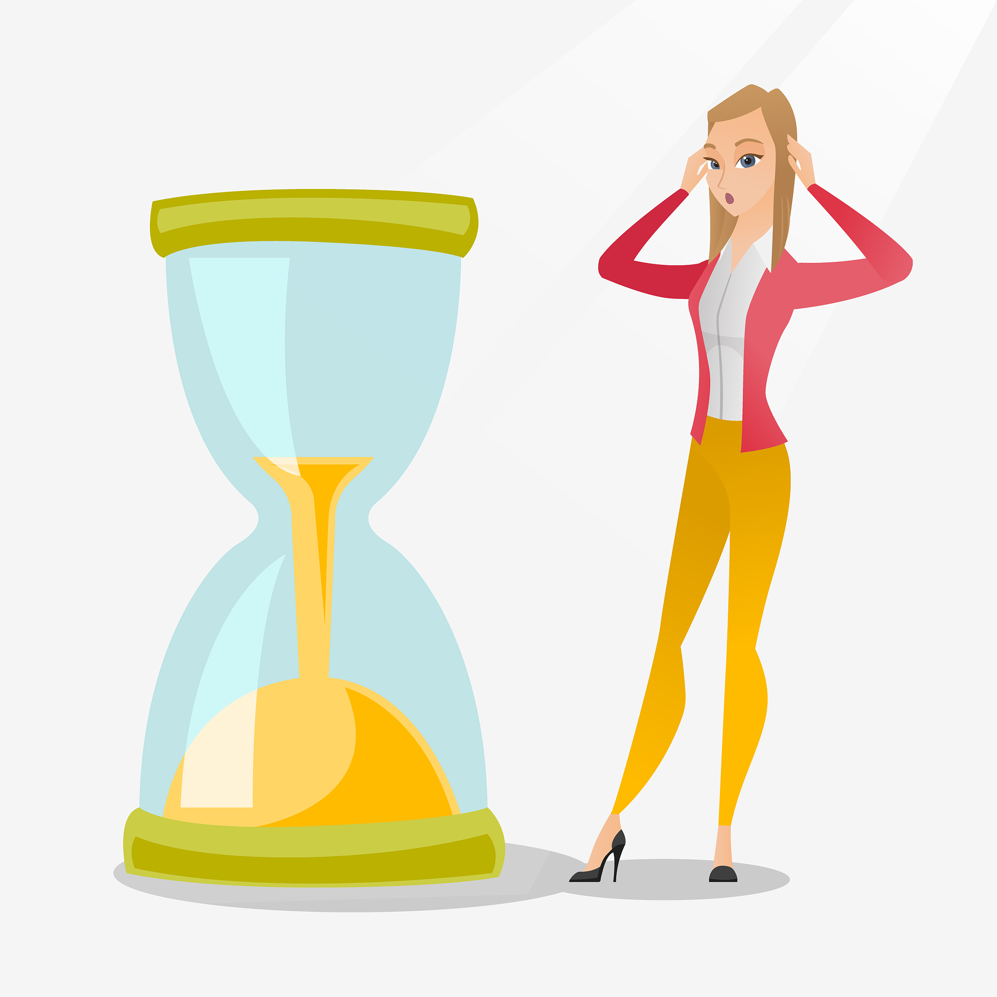 desperate business woman looking at hourglass