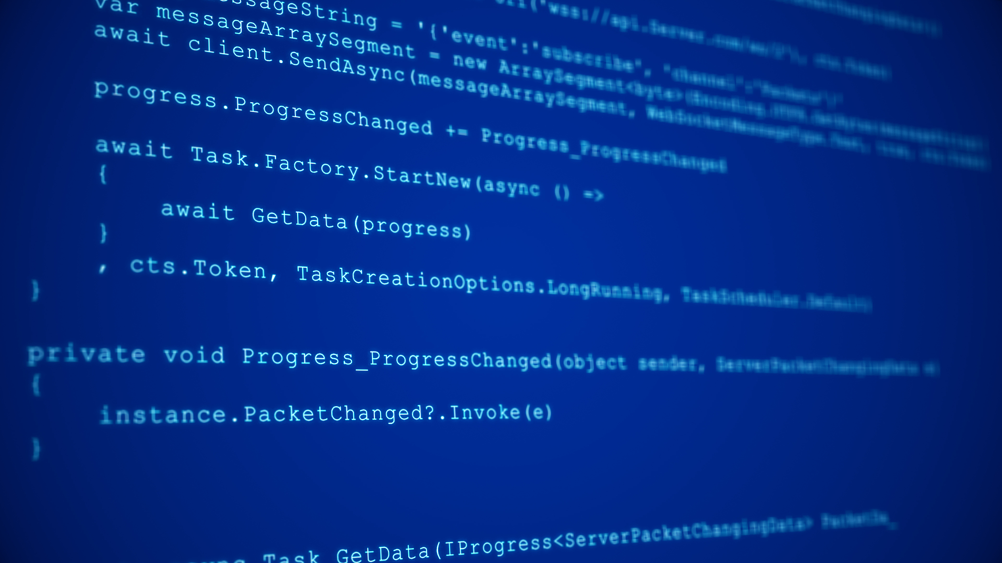 3d hacking code data flow stream on blue. screen with typing cod