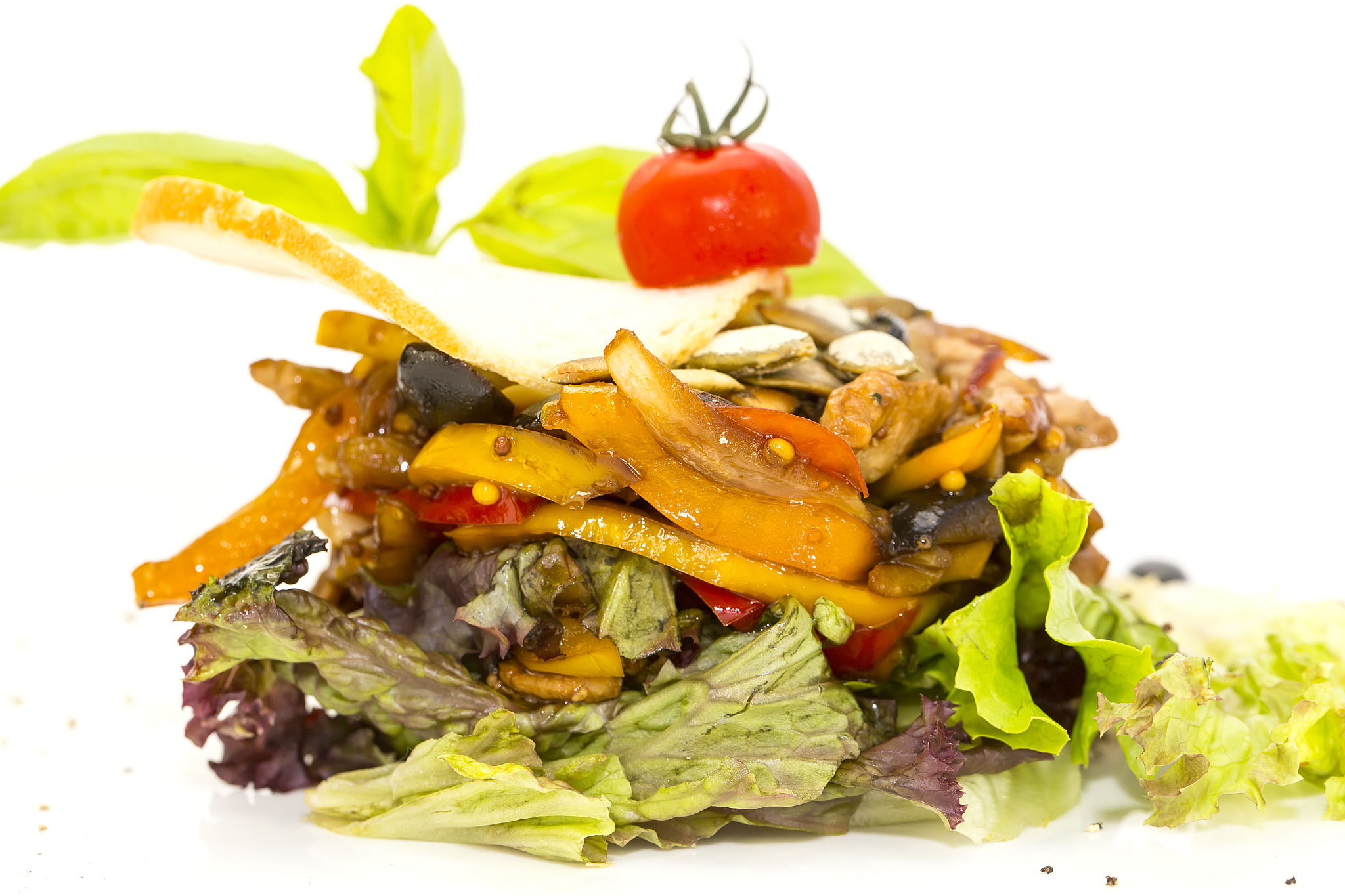 warm beef salad from vegetables and veal