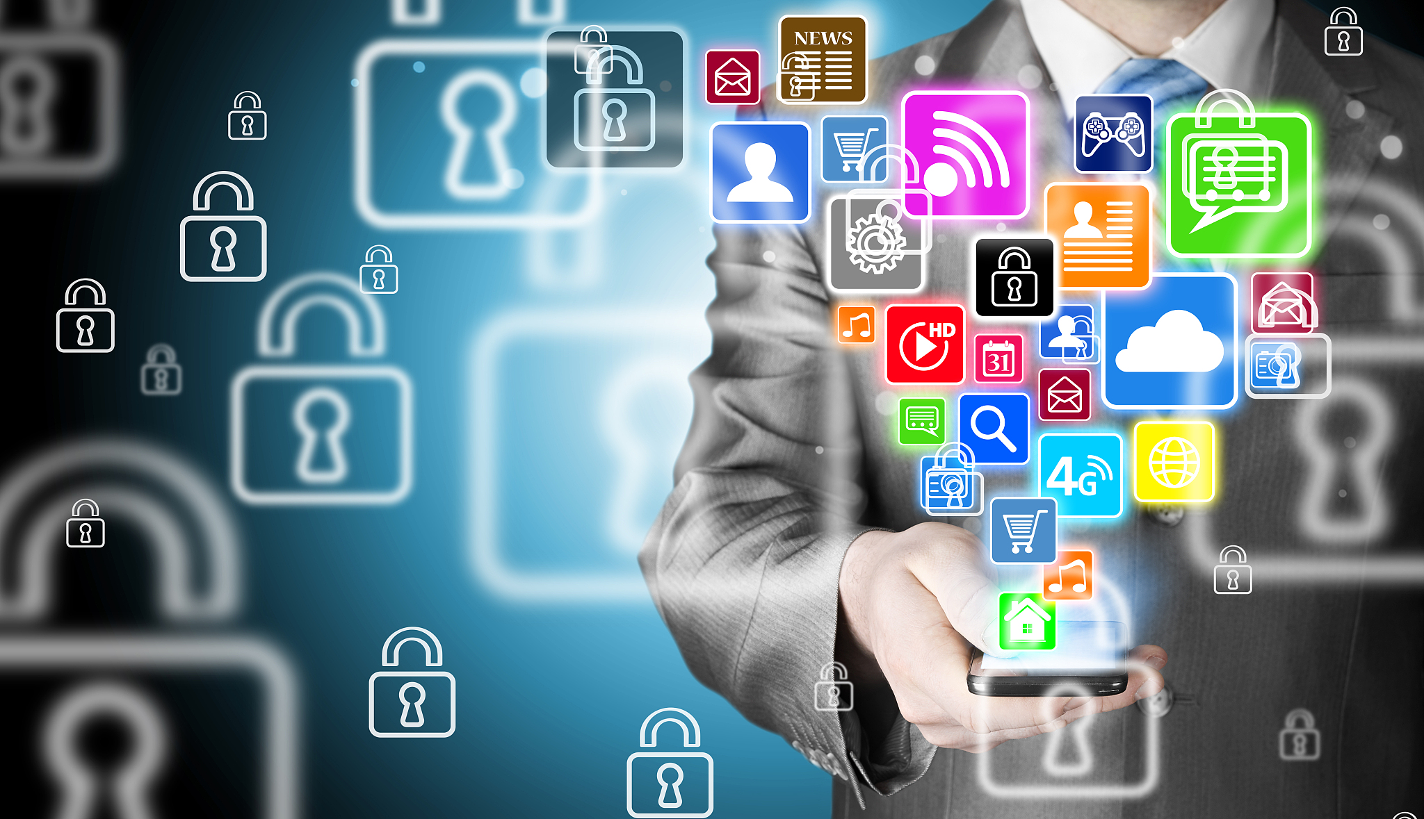 business man using smart phone with social media icon set