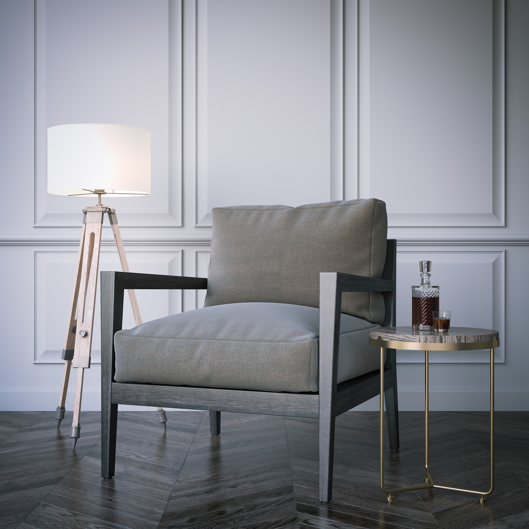 classical interior and table with whiskey. 3d rendering