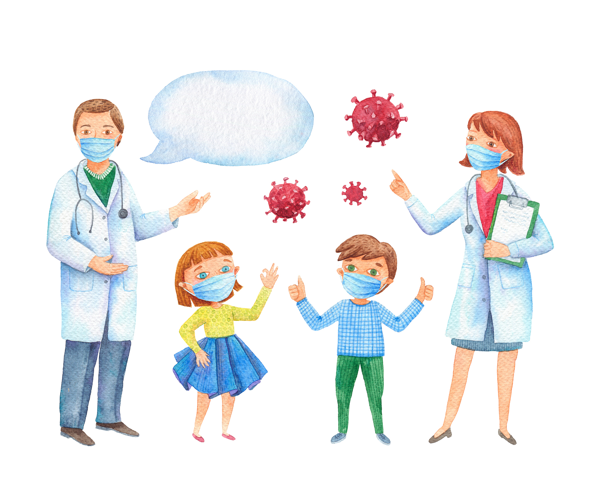 watercolor illustration of a doctor and children in masks. prote