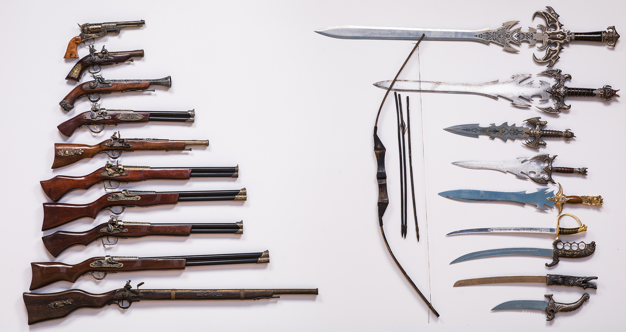 antique military weapons, swords, knives, guns and pistols