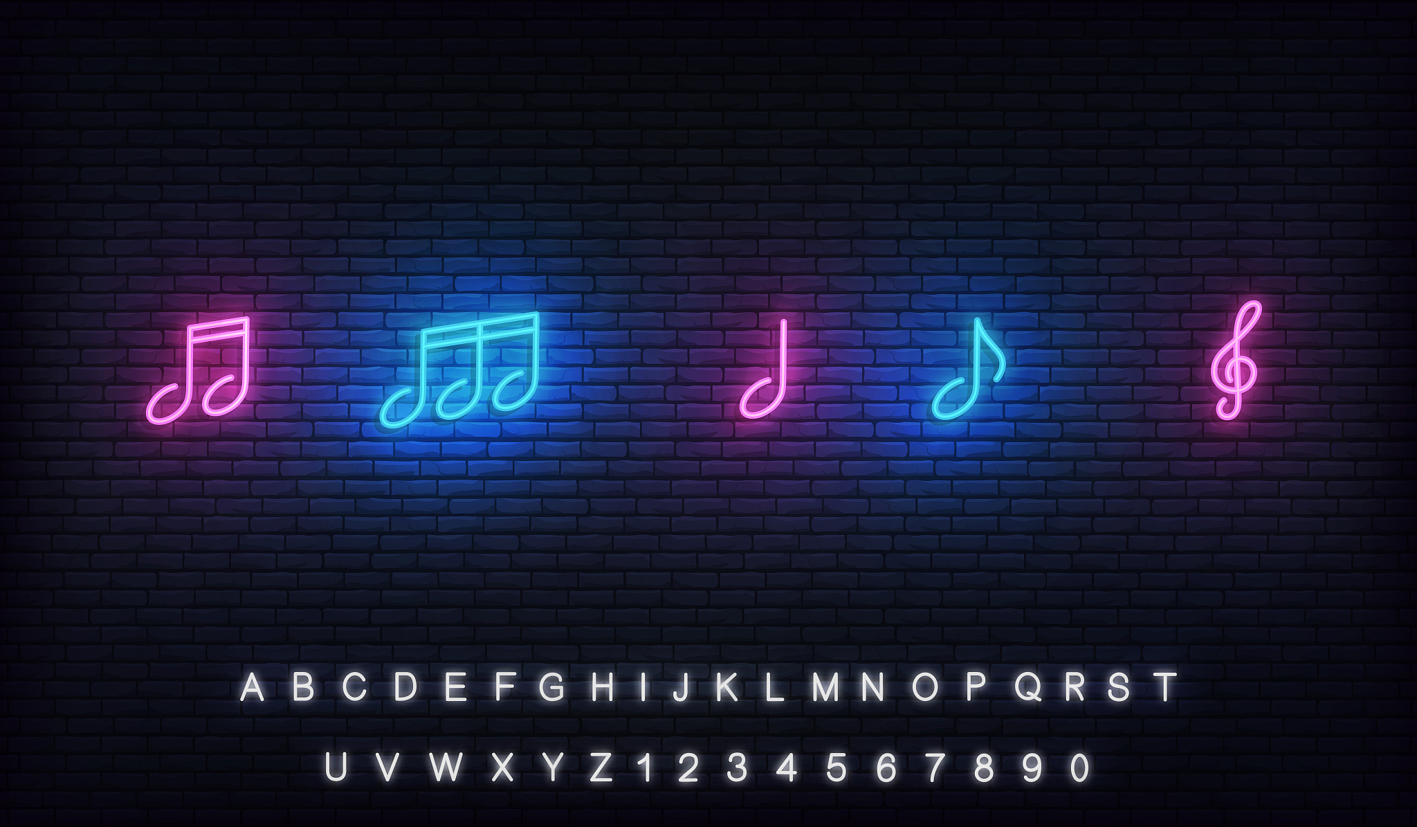 music notes neon template. musical notes glowing sign