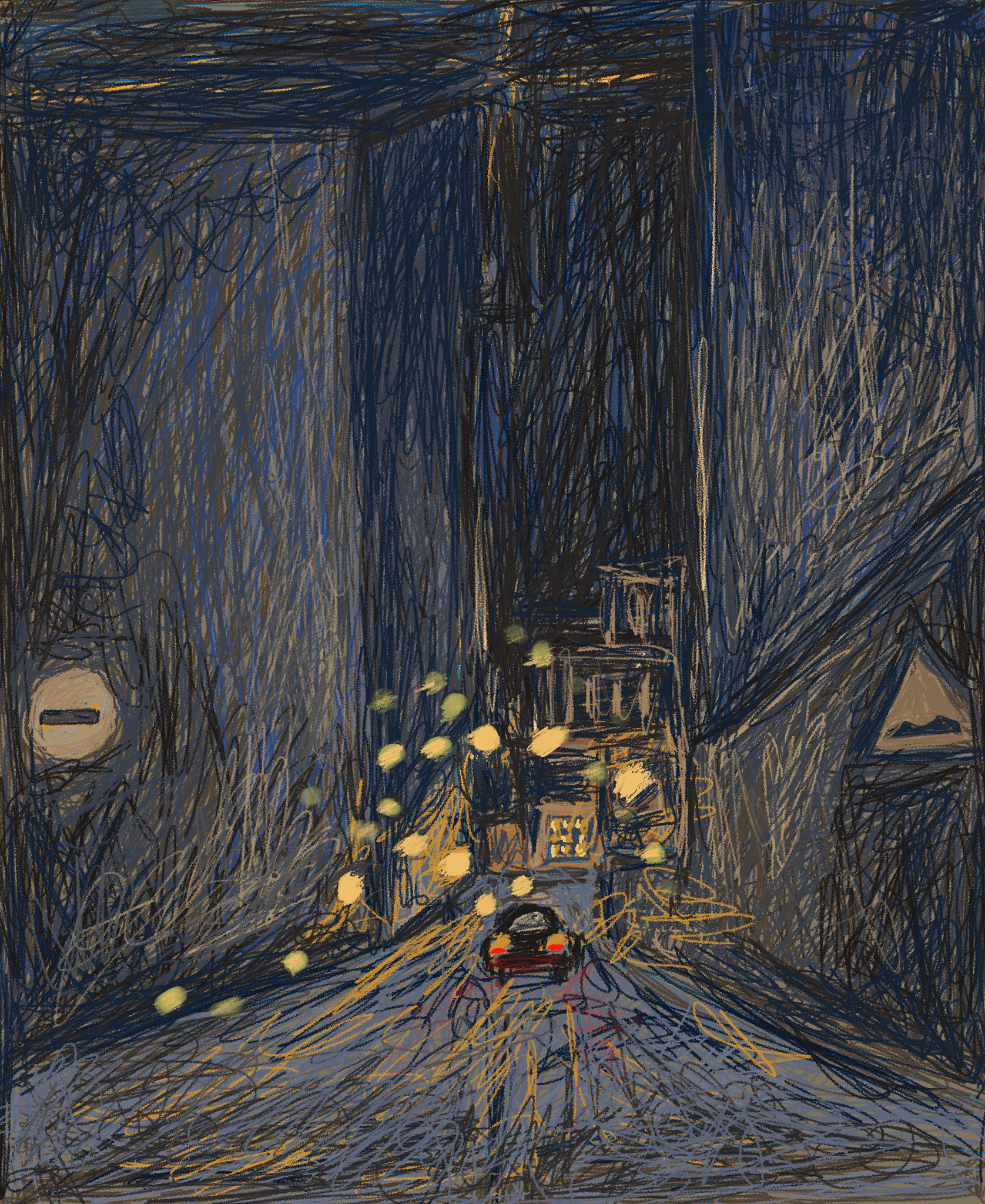 car on a dark street, city at night.