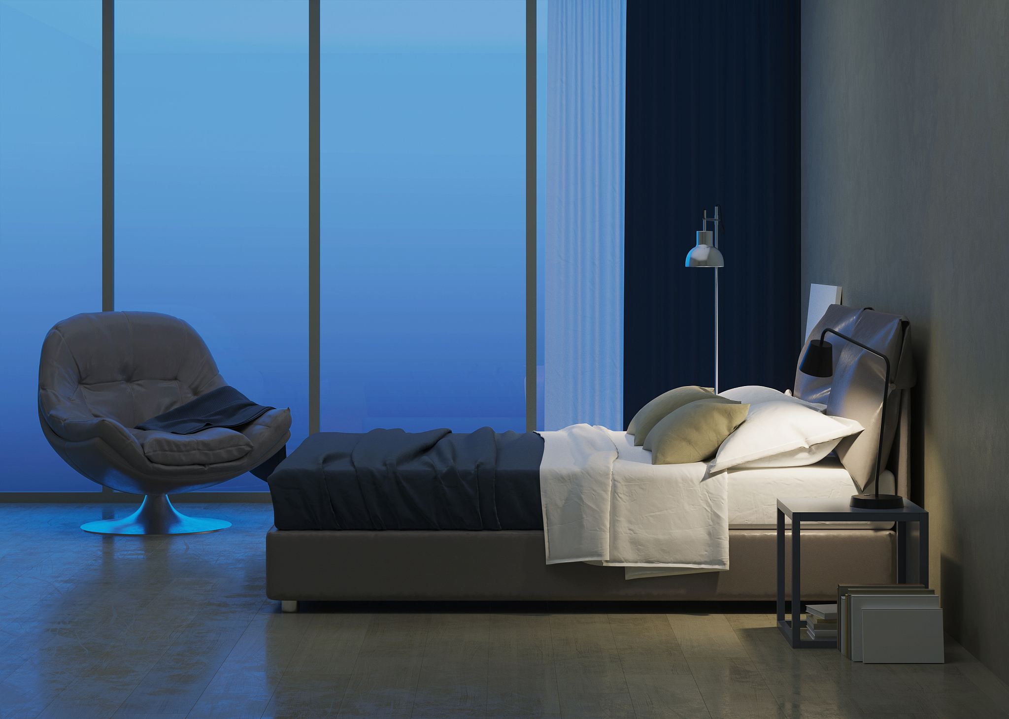 modern house interior. bedroom interior design. evening lighting