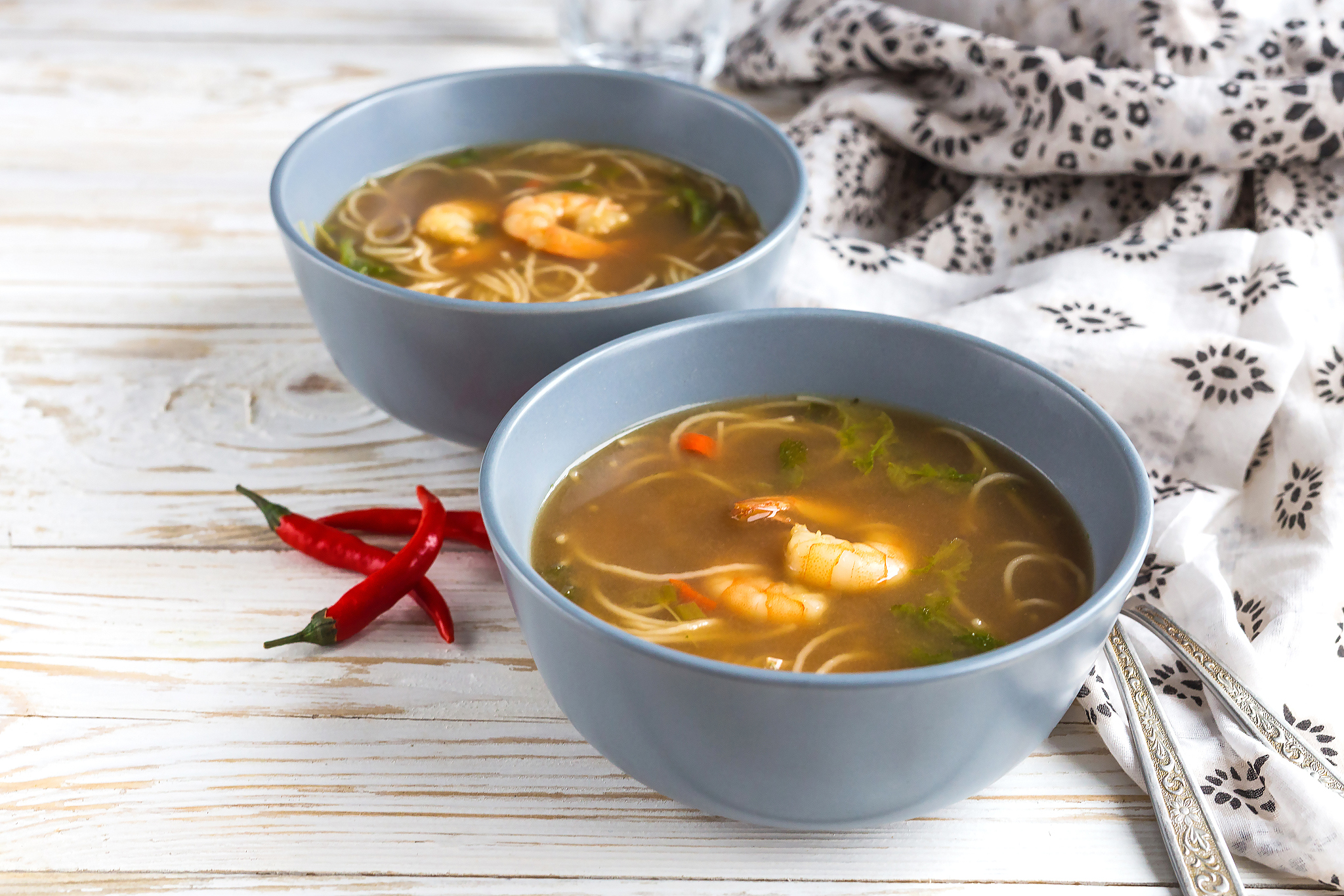 simple thai soup with shrimp, lemongrass, chilli and noodles