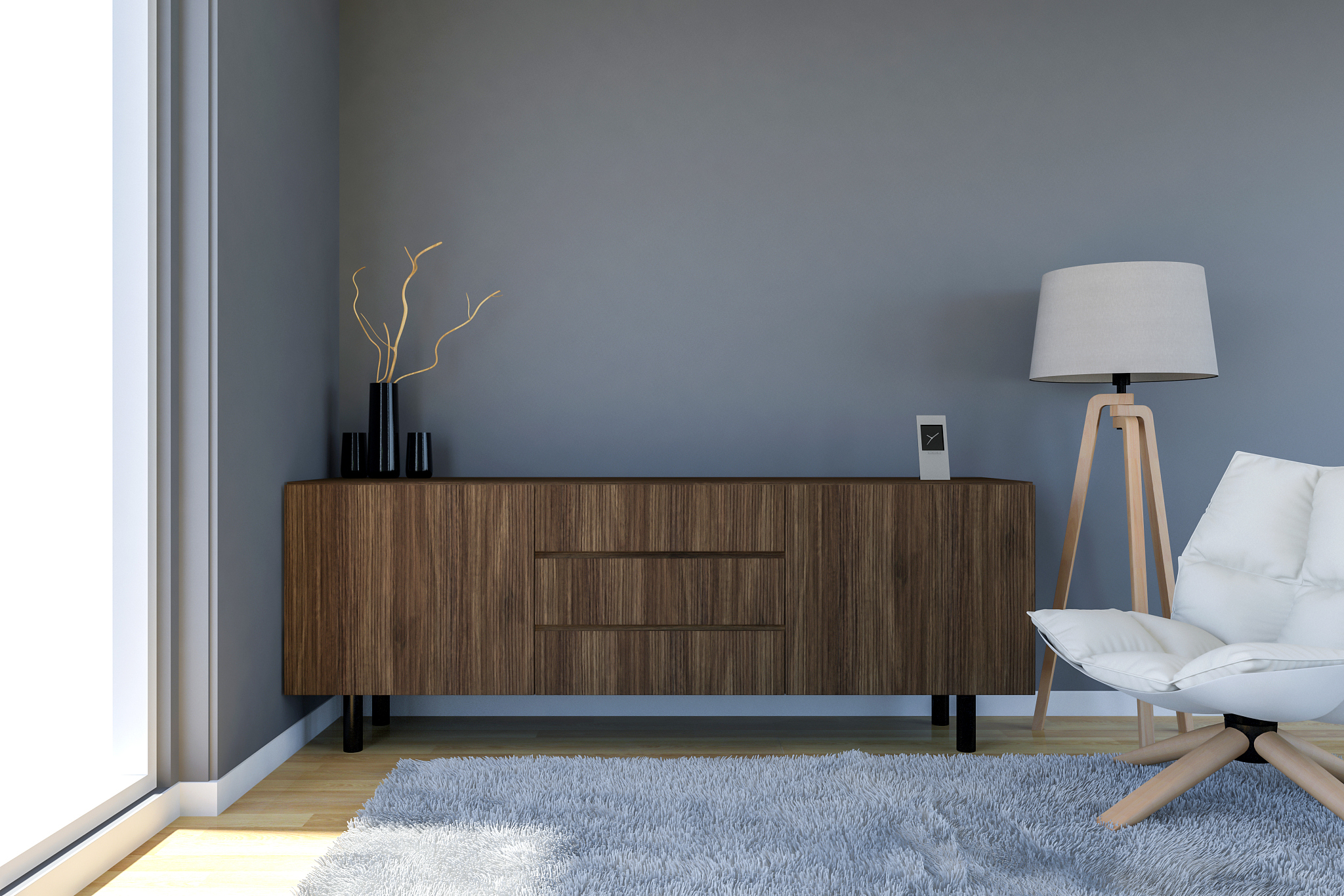 contemporary living room interior with grey wall and large windo