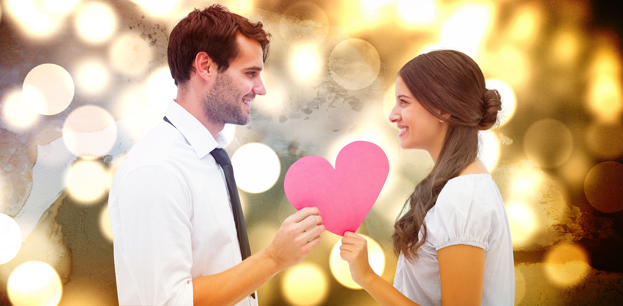 composite image of pretty brunette giving boyfriend her heart