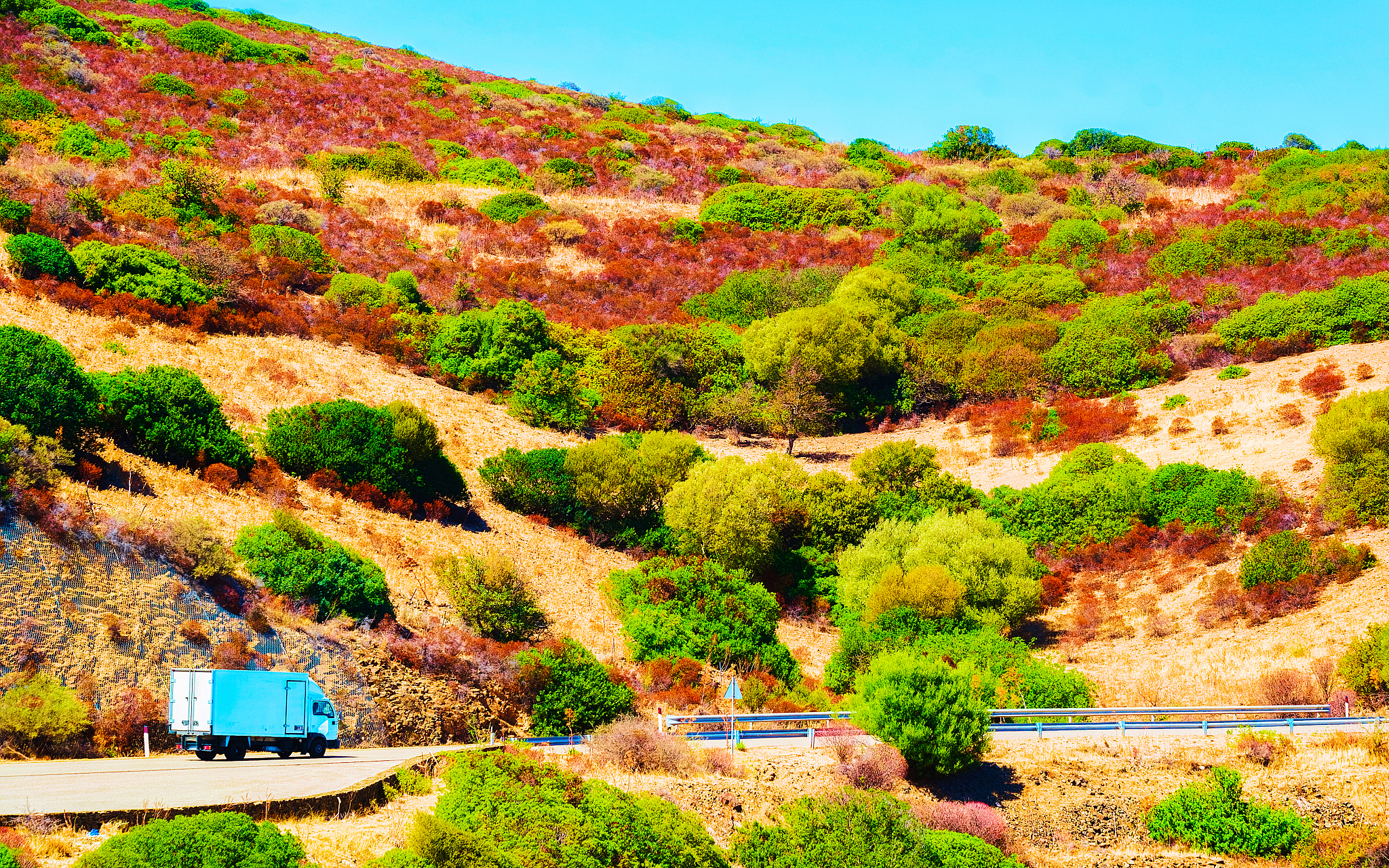 truck on beautiful road in teulada cagliari sardinia reflex