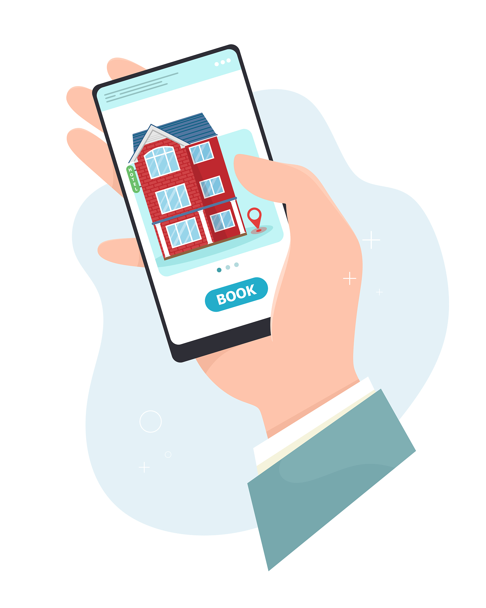 hotel booking online, hand holds a smartphone. hotel reservation