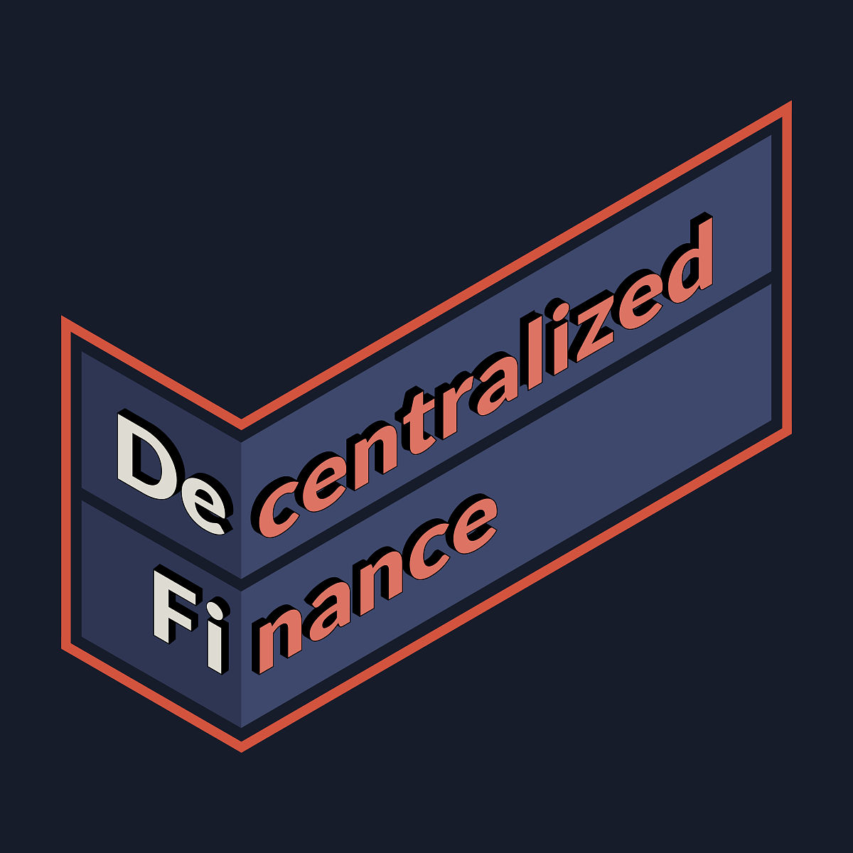 定义去中心化金融,等距标志与文本孤立在黑暗的背景.基于公共区块链的