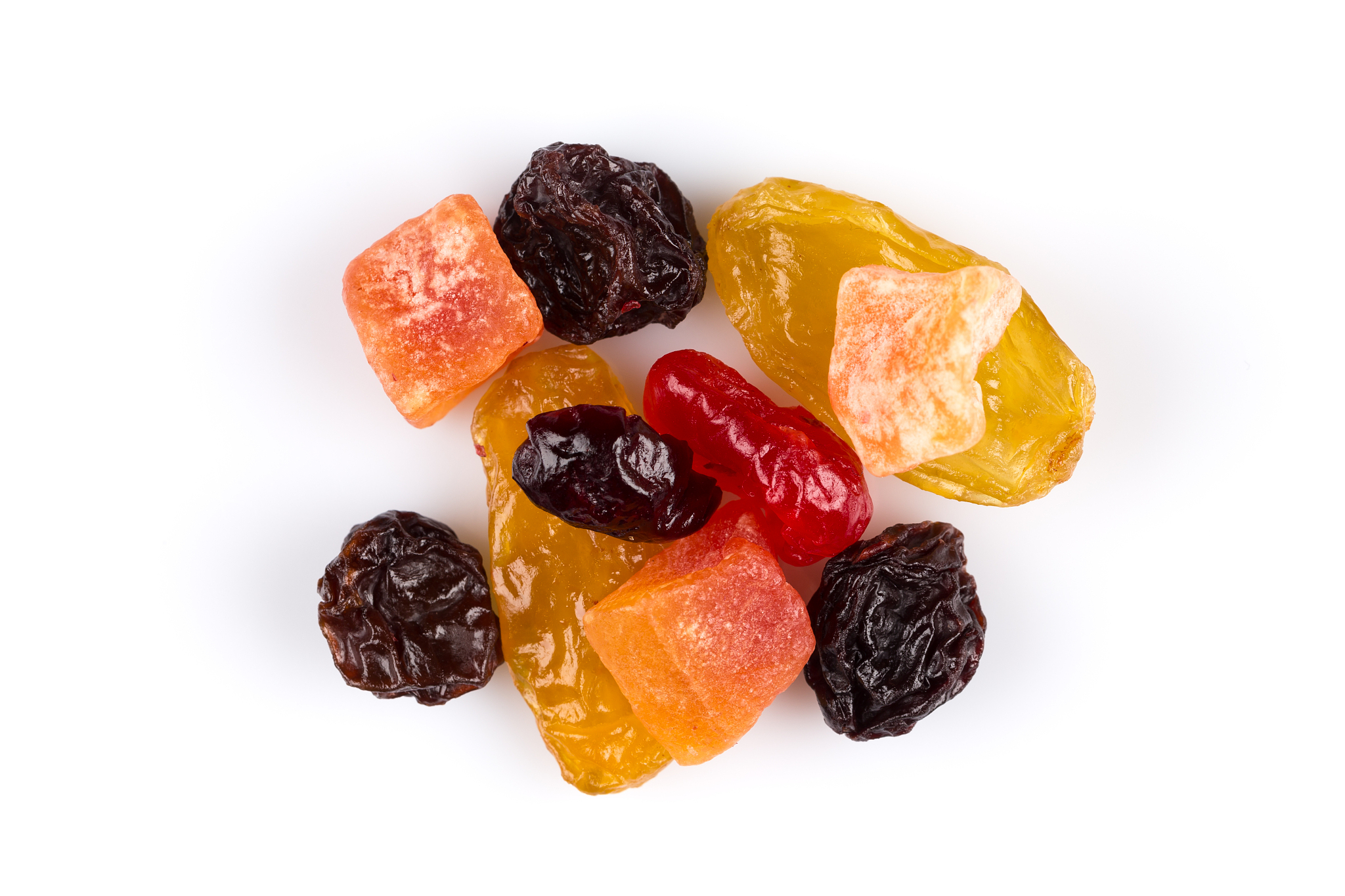 mix variety of dried fruit over white background