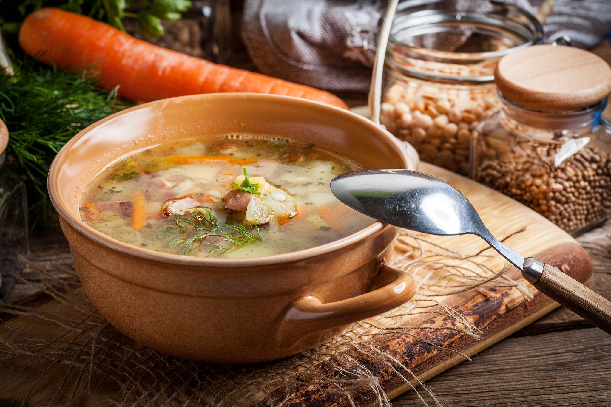 pea soup with vegetables and bacon.