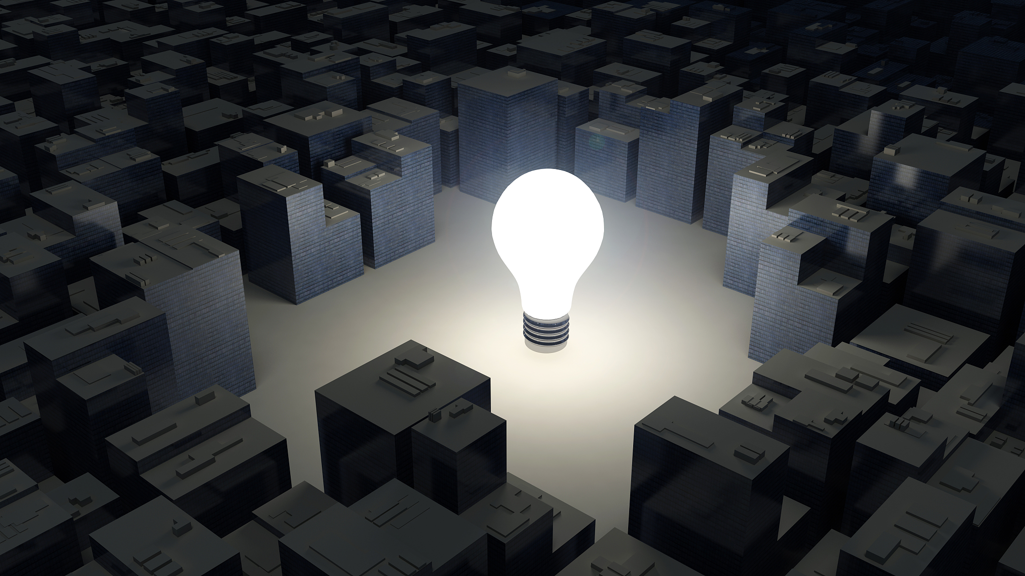 image of bright light bulb and city, green energy concept