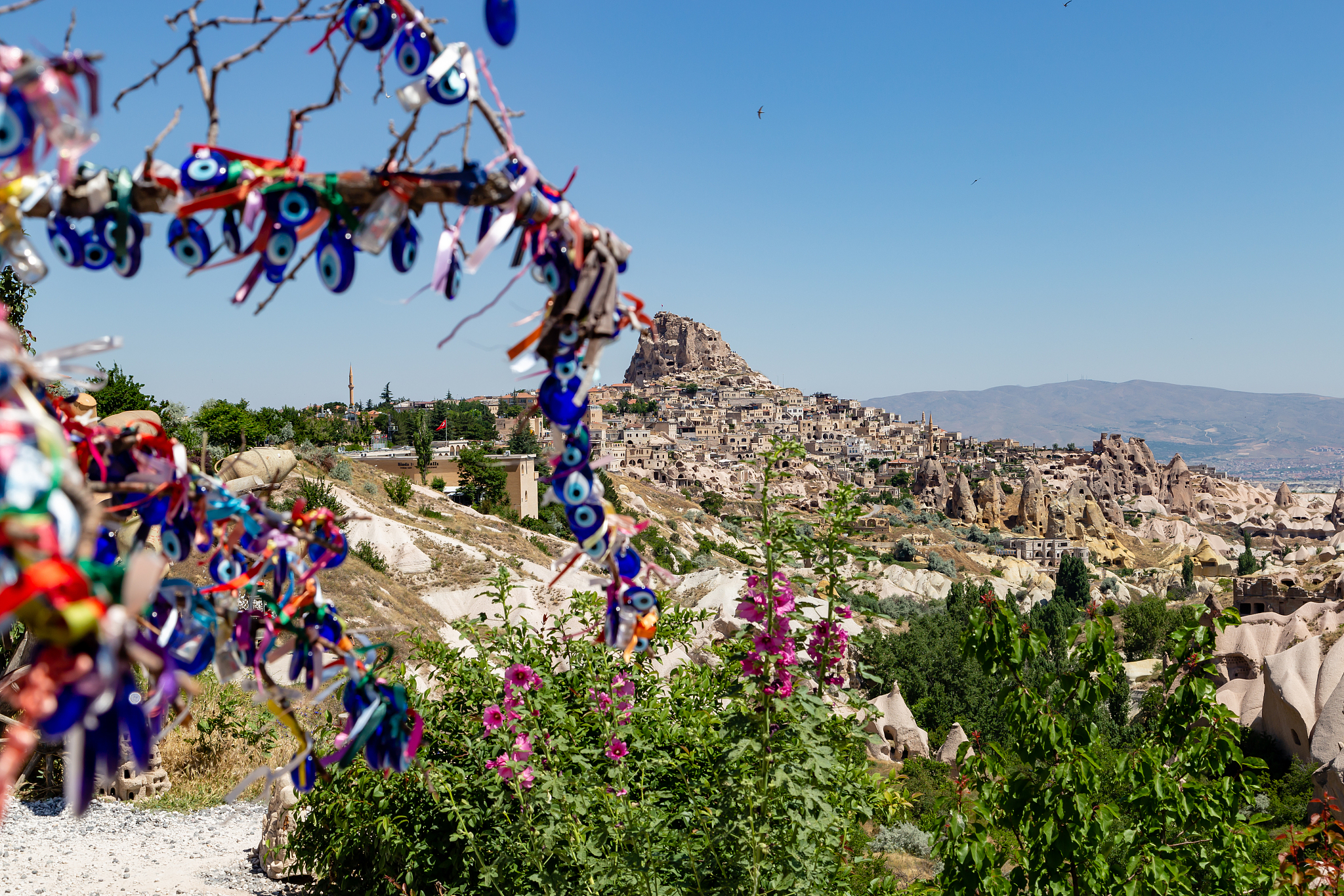 in the photo, a tree hung with amulets in the form of an eye aga