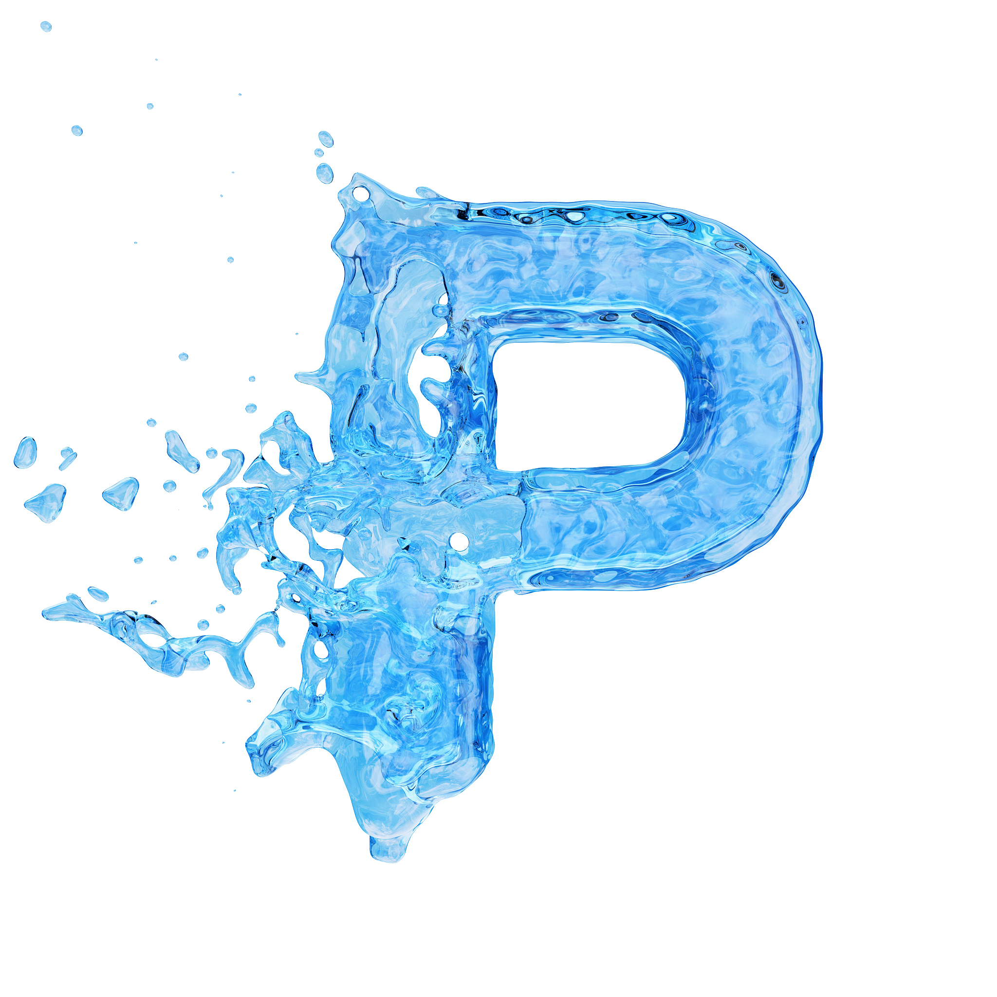 uppercase letter p made by water with drops and splashes isolate