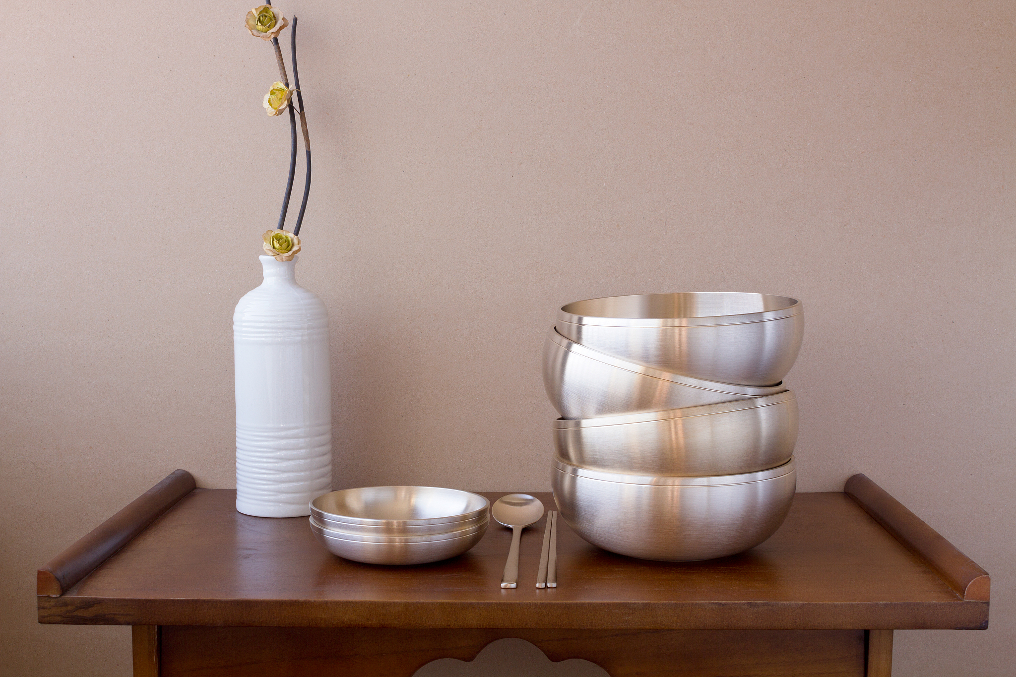 korean high quality brass tableware on the table.