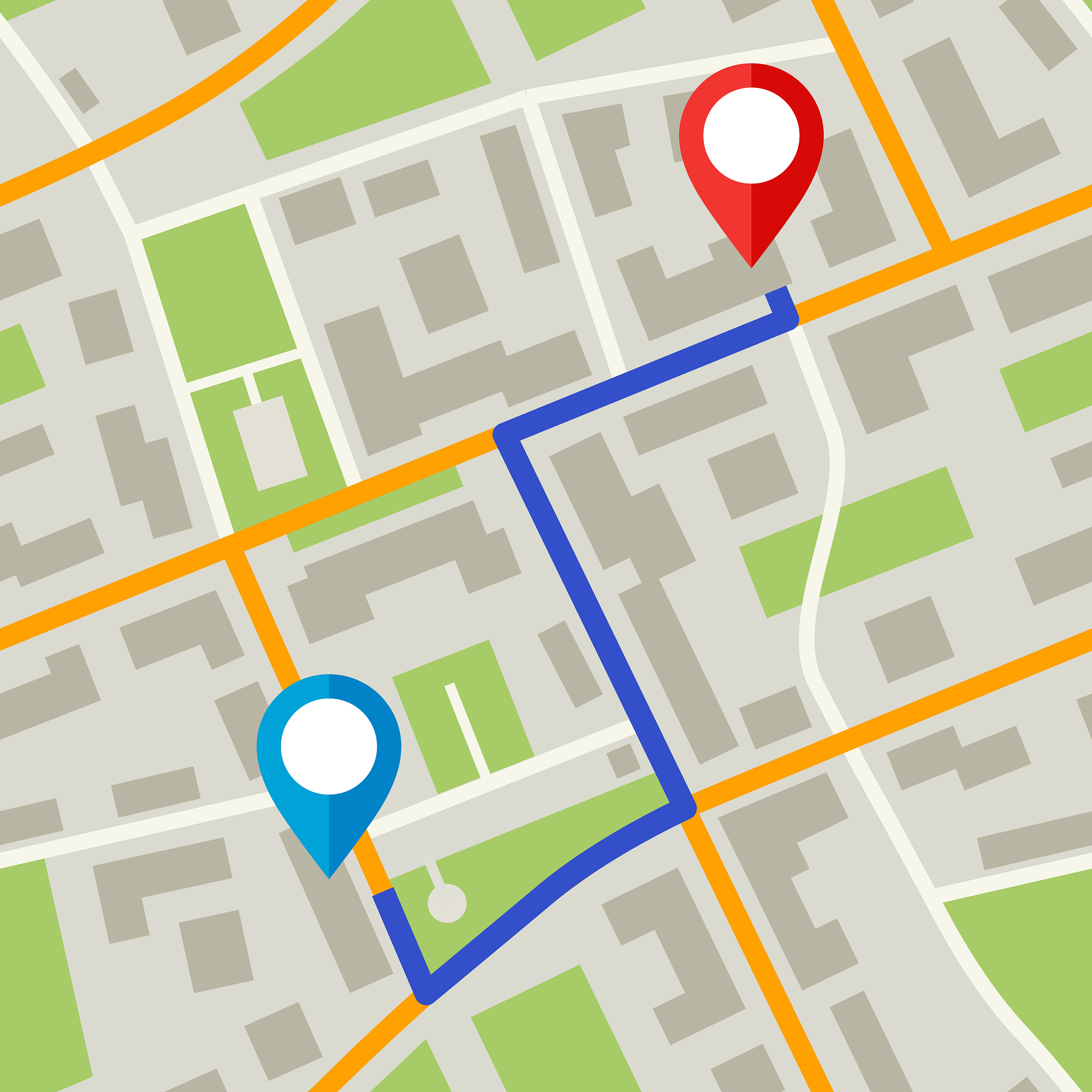map with pins and blue way