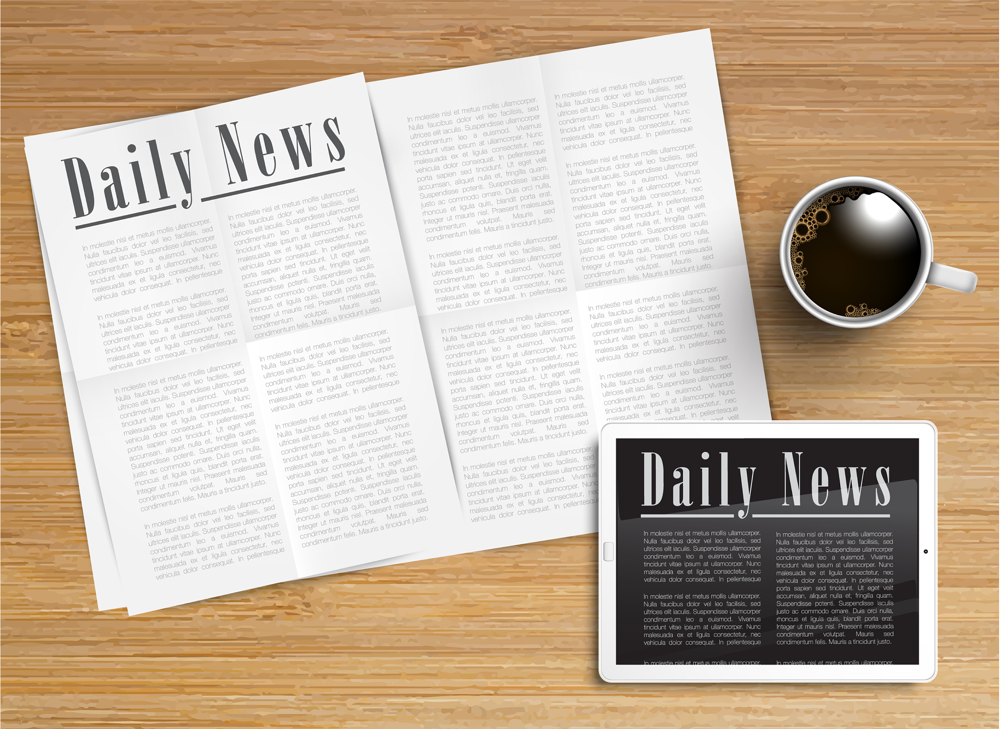 realistic newspaper with a tablet and a cup of