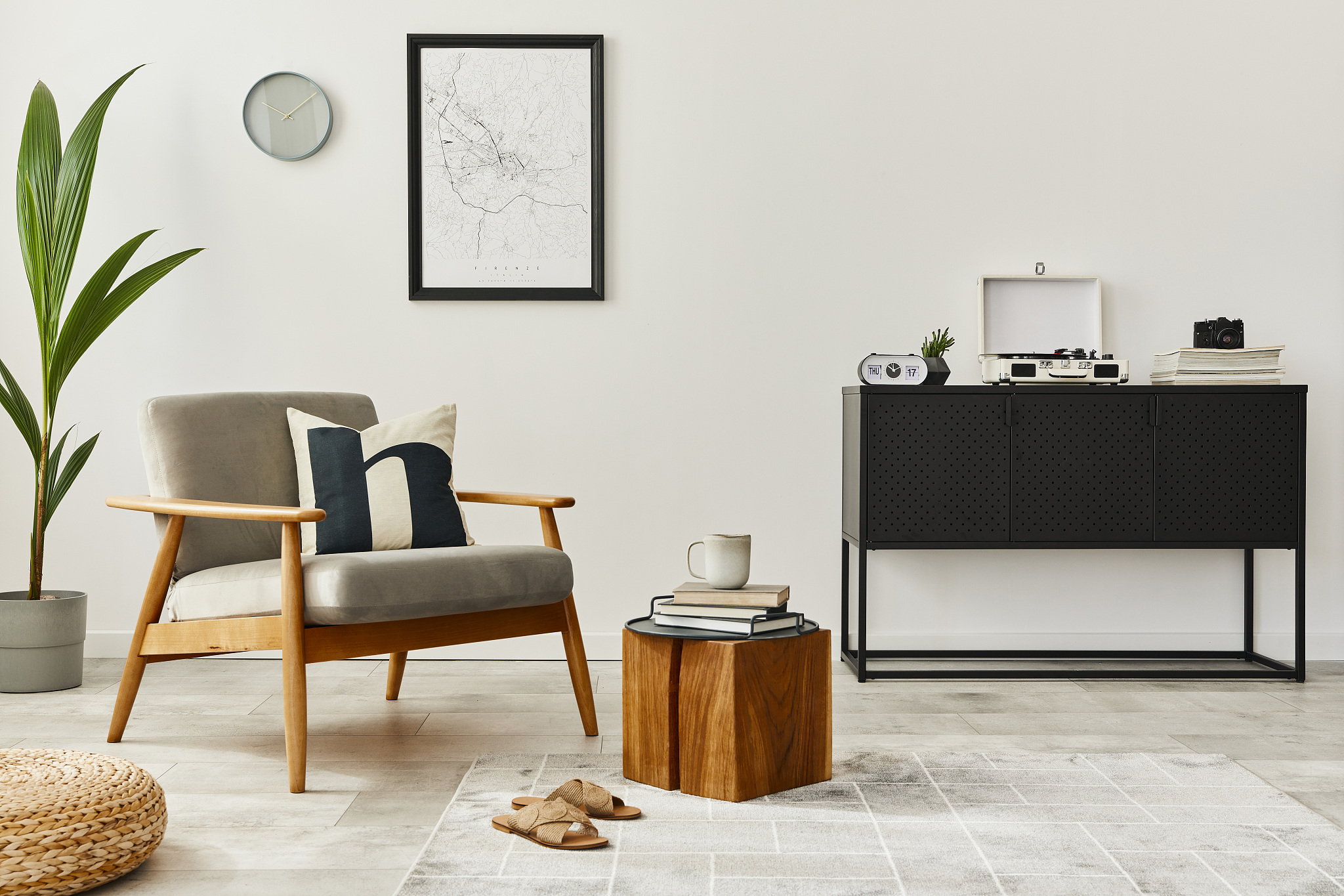 modern retro concept of home interior with design grey armchair,