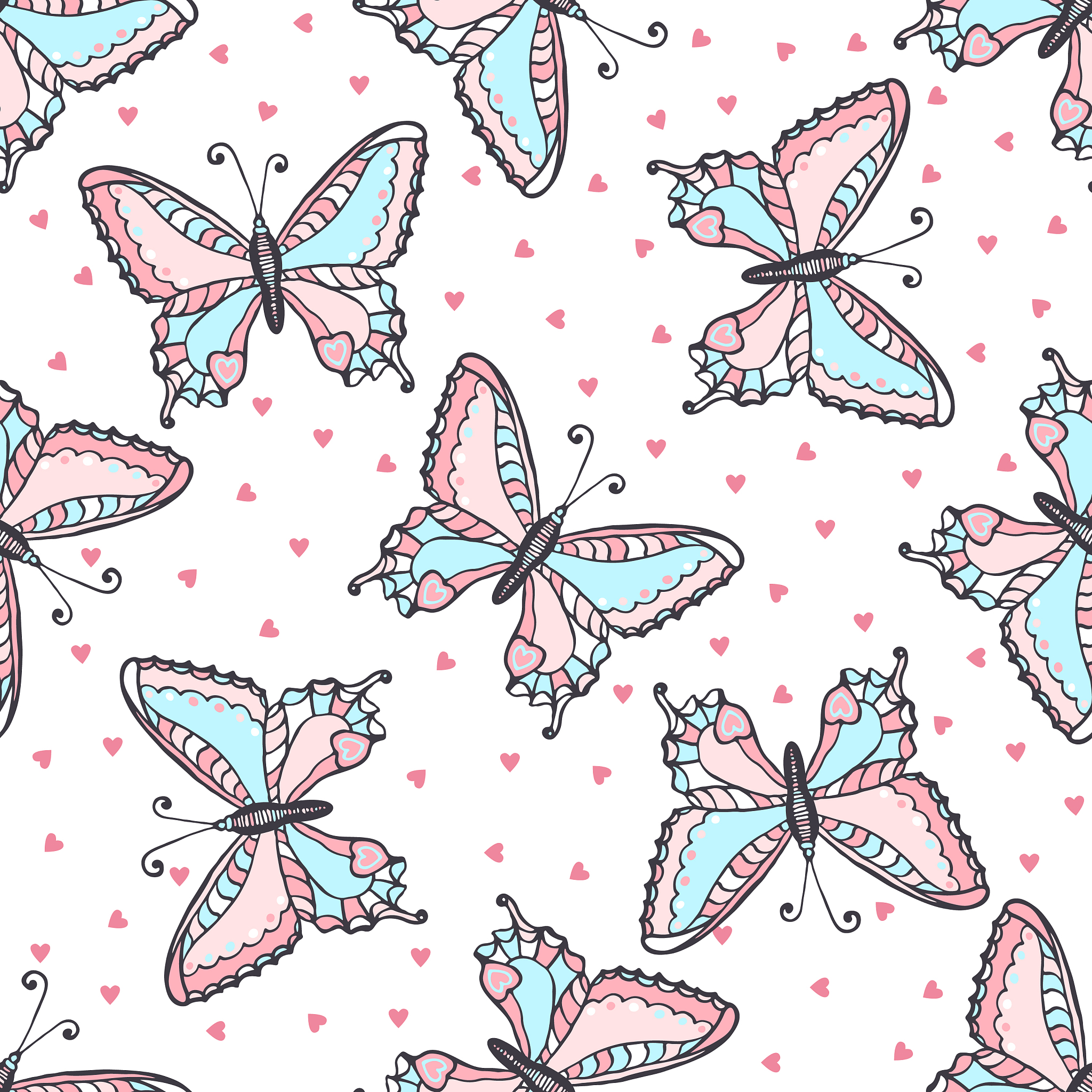 butterflies seamless pattern in doodle style hand