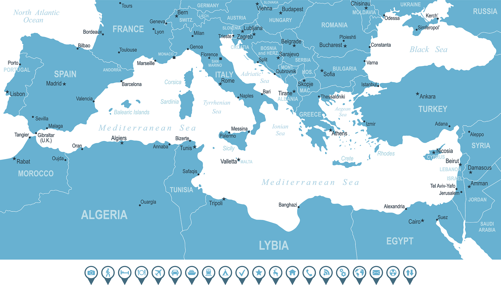 mediterranean map and navigation icons