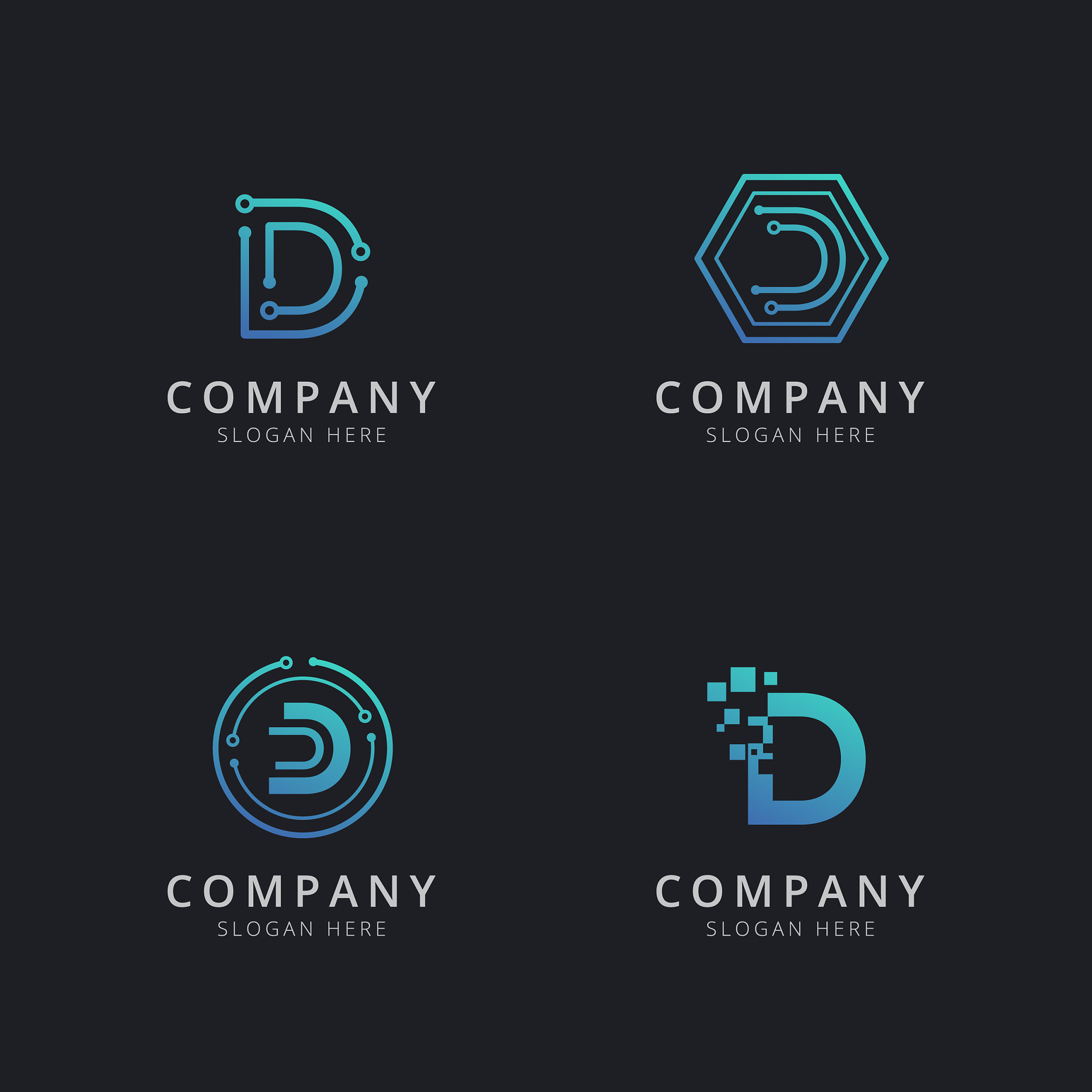 initial d logo with technology elements in blue color