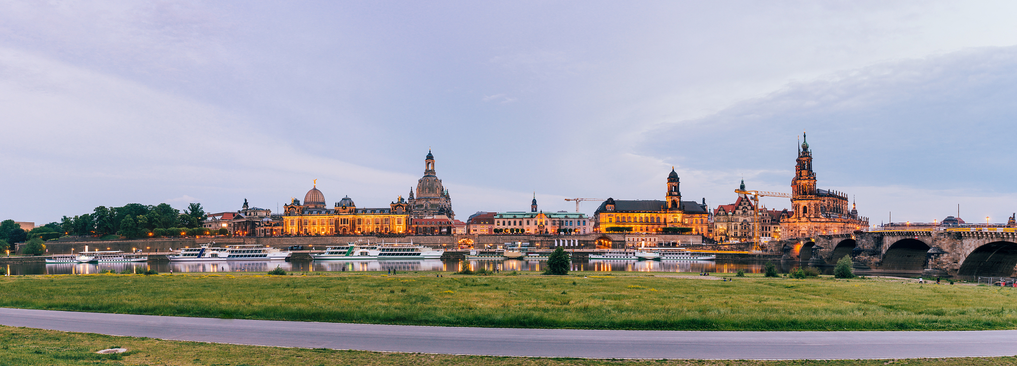 panoramic view of  dresden skyline and elbufer, saxony, germany.