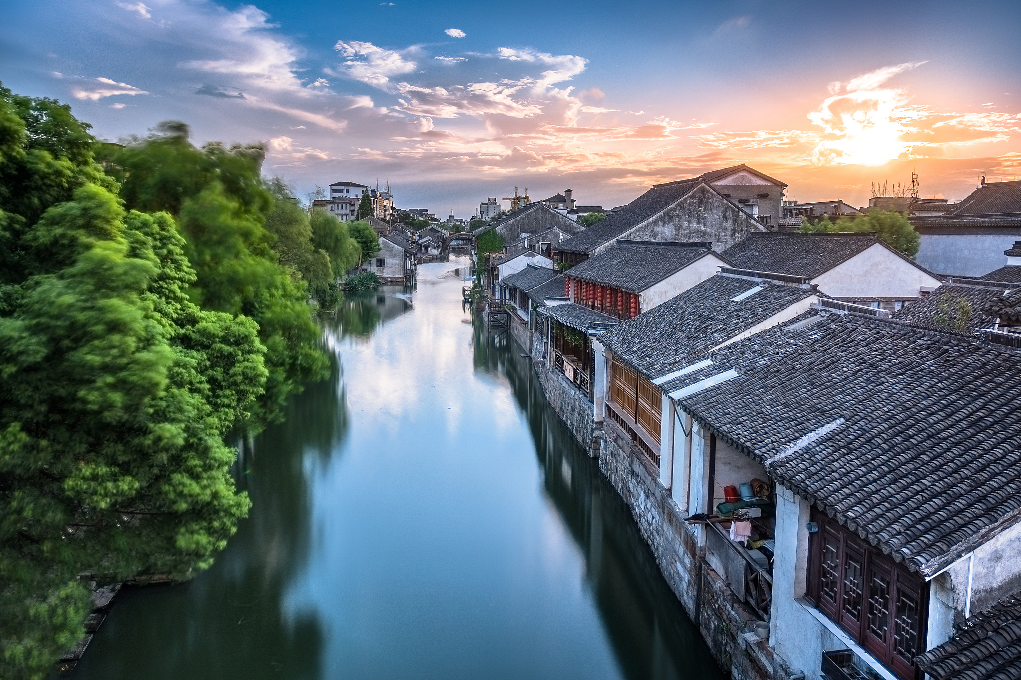 chinese old water town sunset scene, nanxun