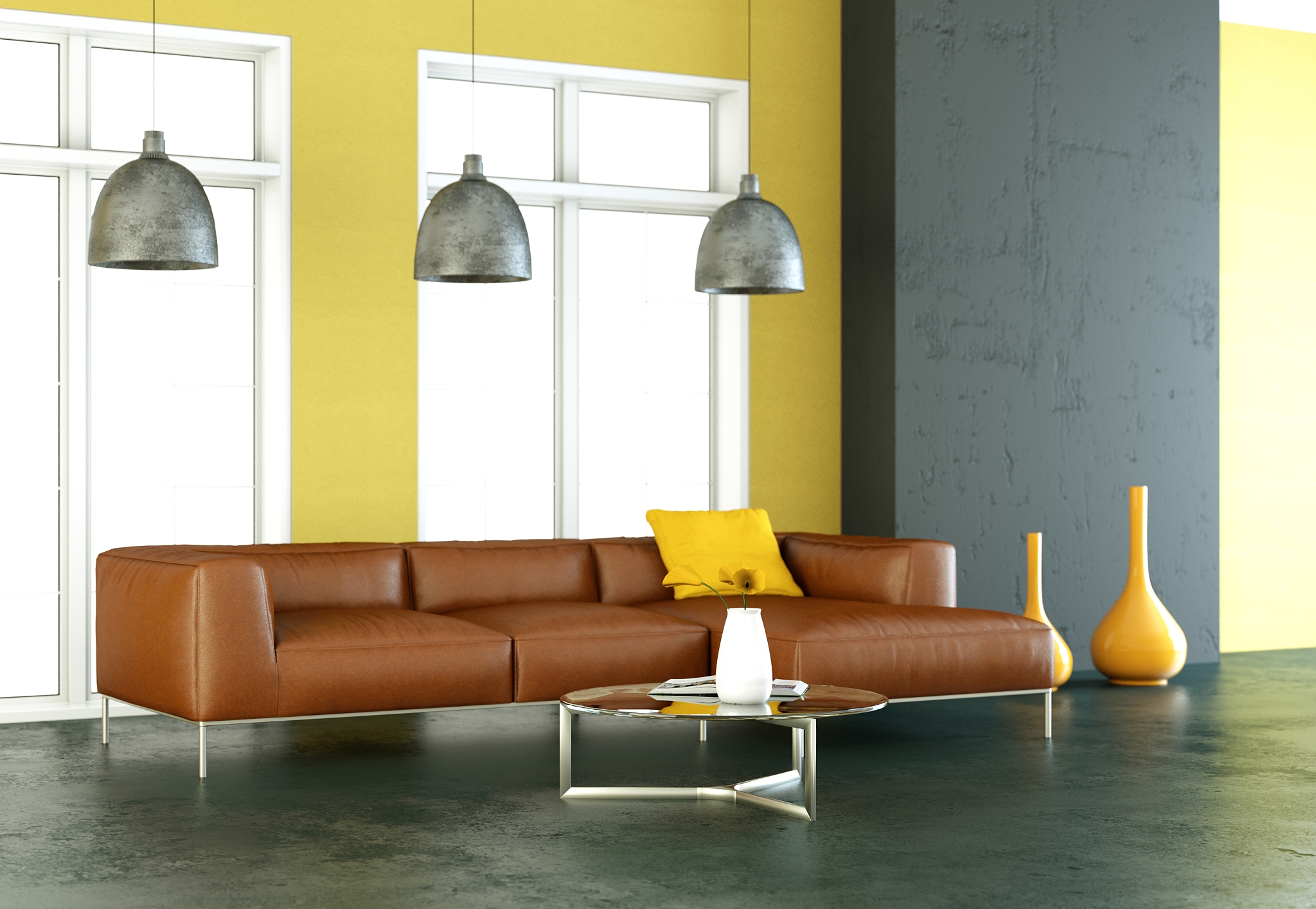 interior design modern bright room with brown sofa