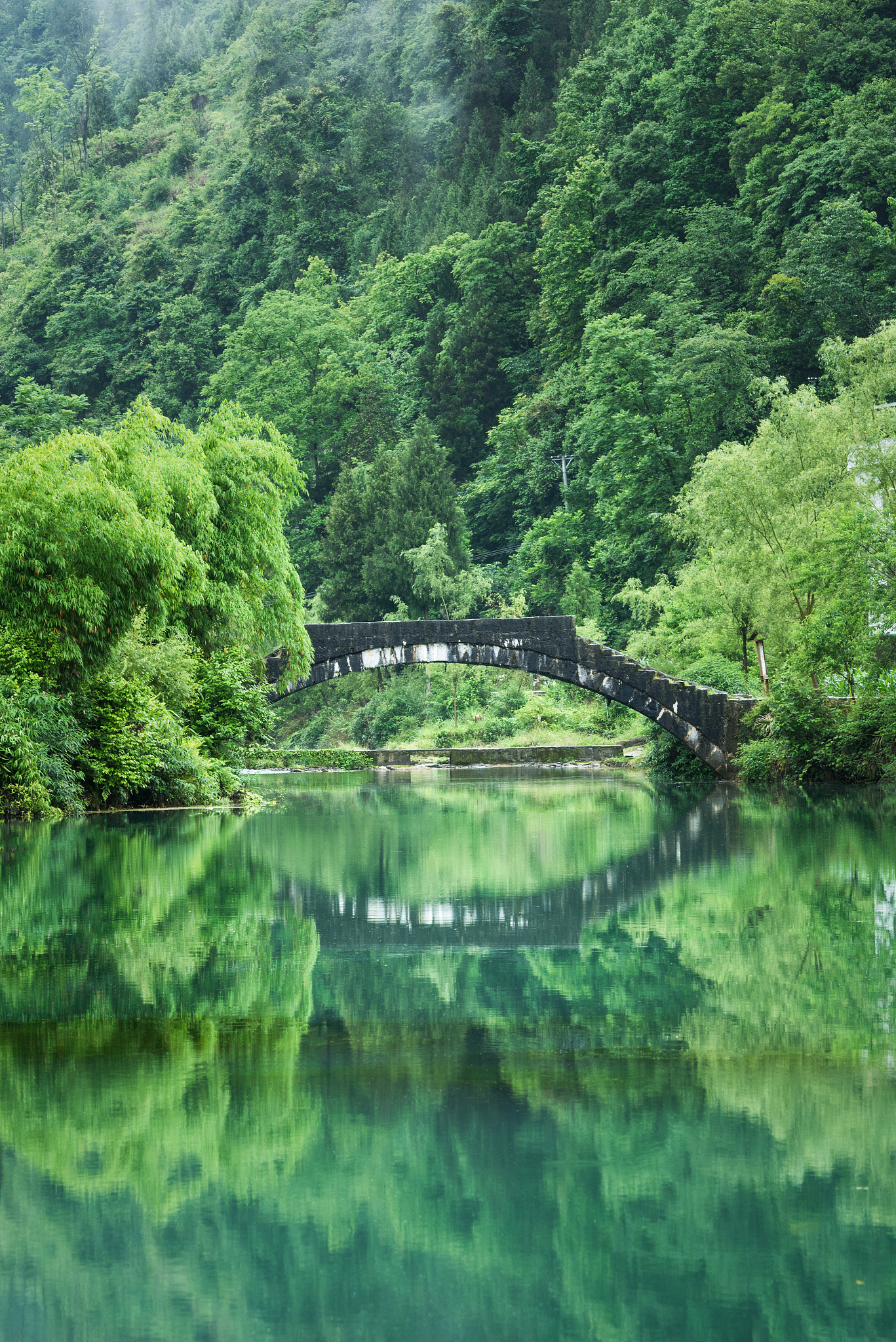 在幽深的峡谷中两岸树木茂盛碧绿的湖水上飘荡着淡淡的雾气偶尔有一叶轻舟在游荡岸边一间茅草屋旁坐着一个弹琴的美女琴声悦耳动听。根据描述作一首诗要求押韵。