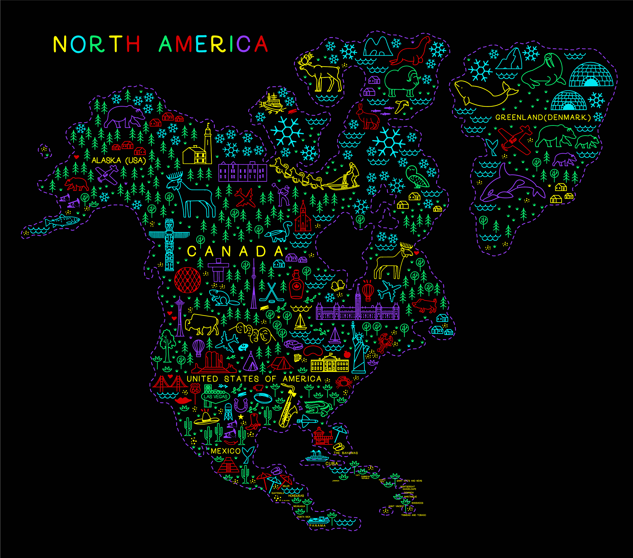 north america travel line icons map travel poster
