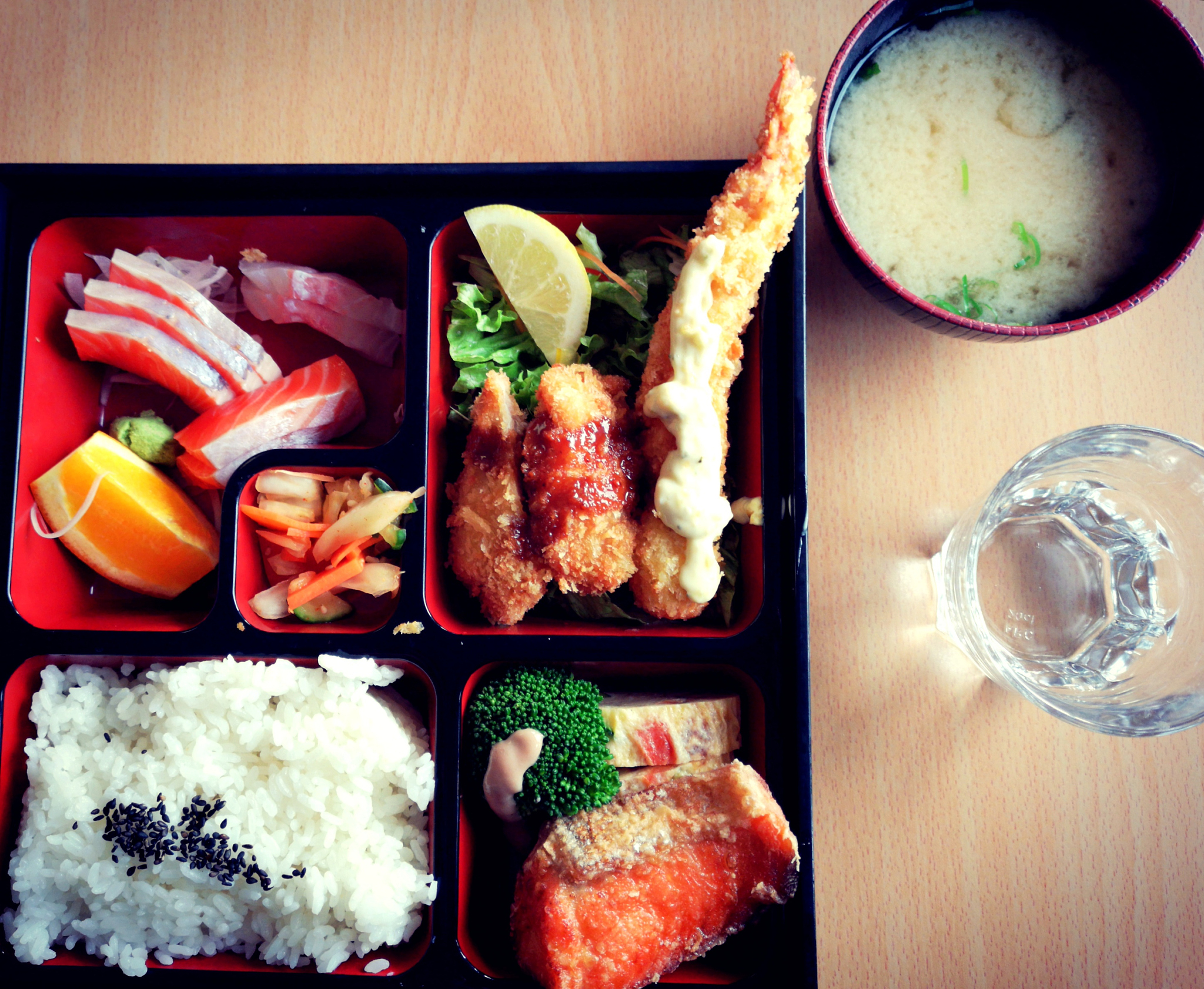 japanese seafood bento and miso soup