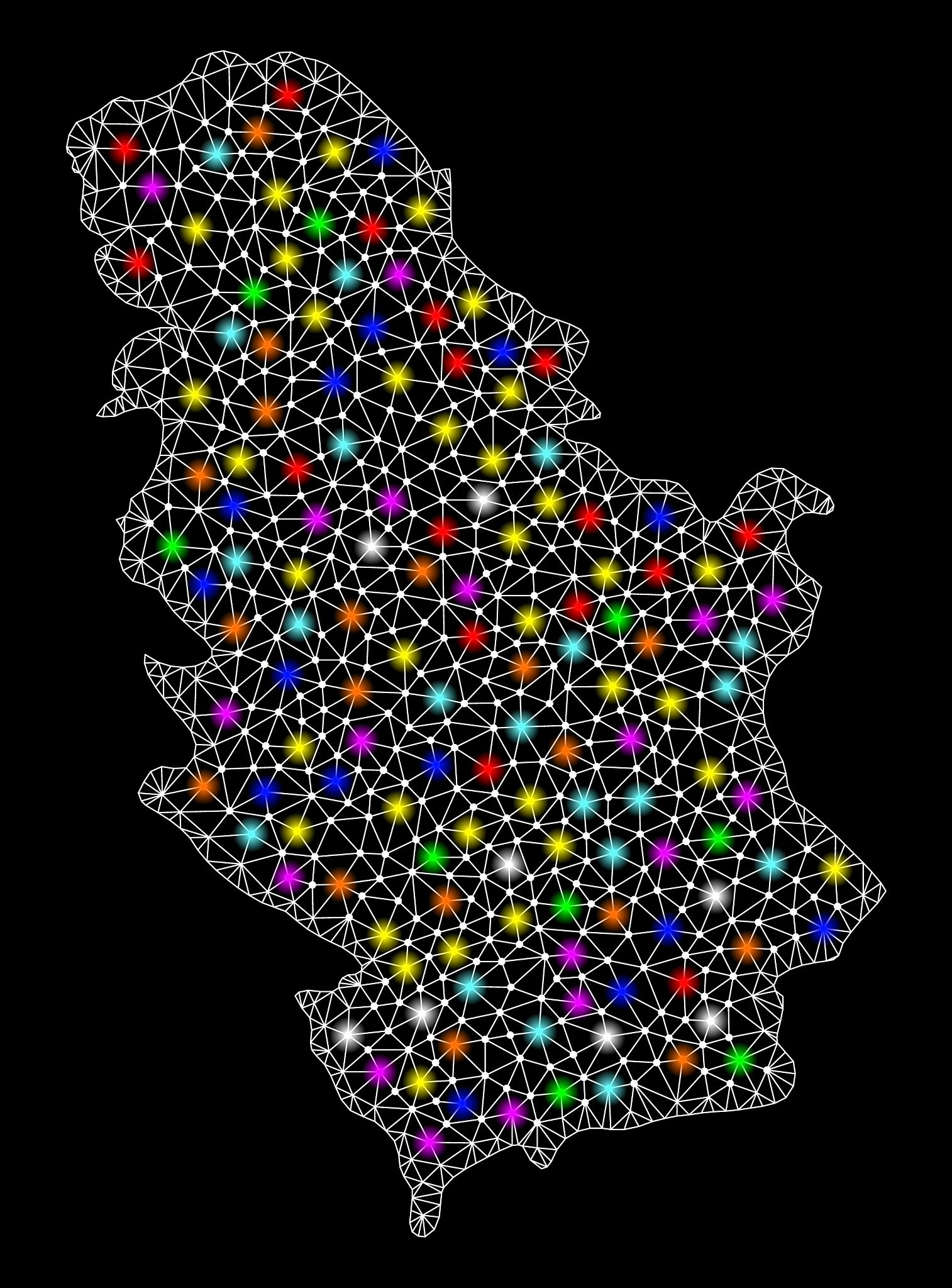 mesh 2d map of serbia with bright light spots