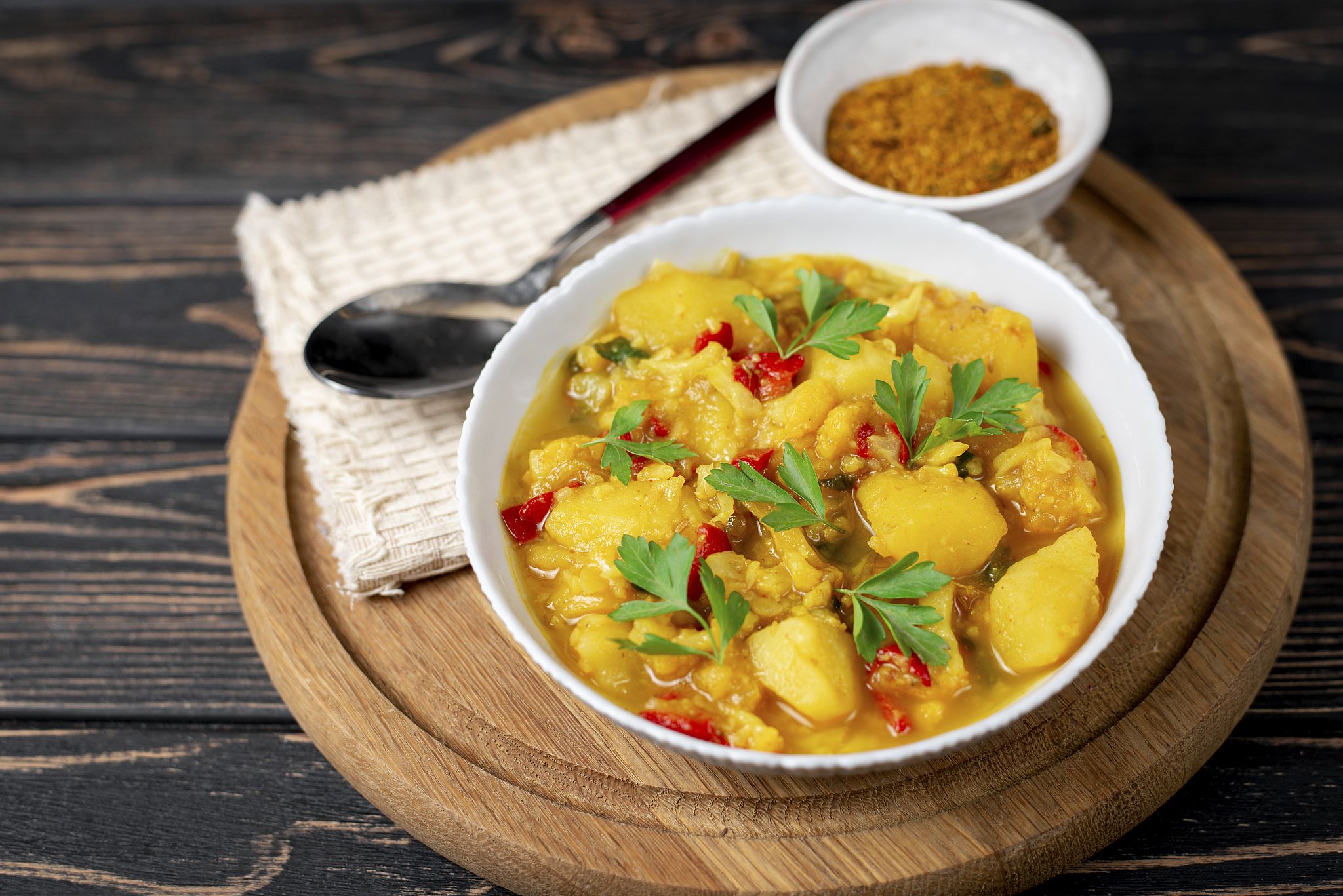 aloo gobi side dish. traditional spicy vegetarian indian curry d