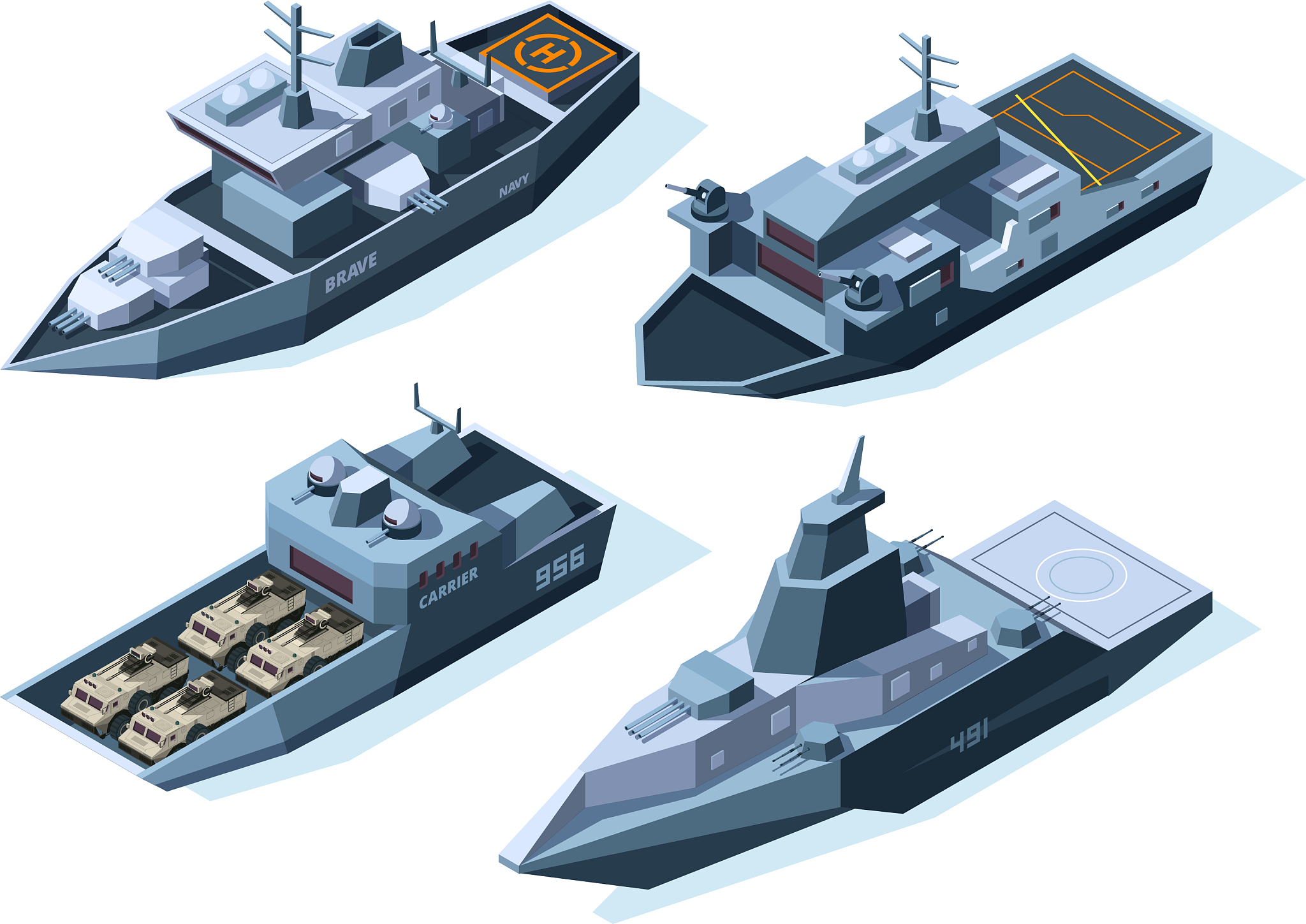 isometric warships military boats isolated