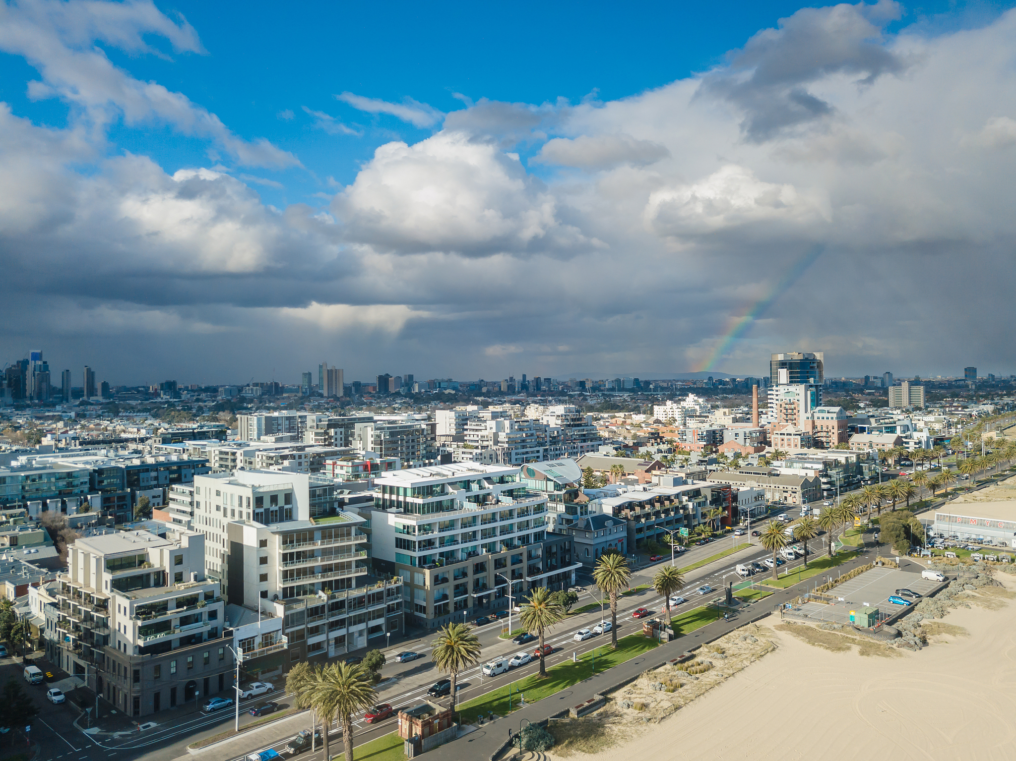 aerial view of port melbourne and st. kilda with rainbow