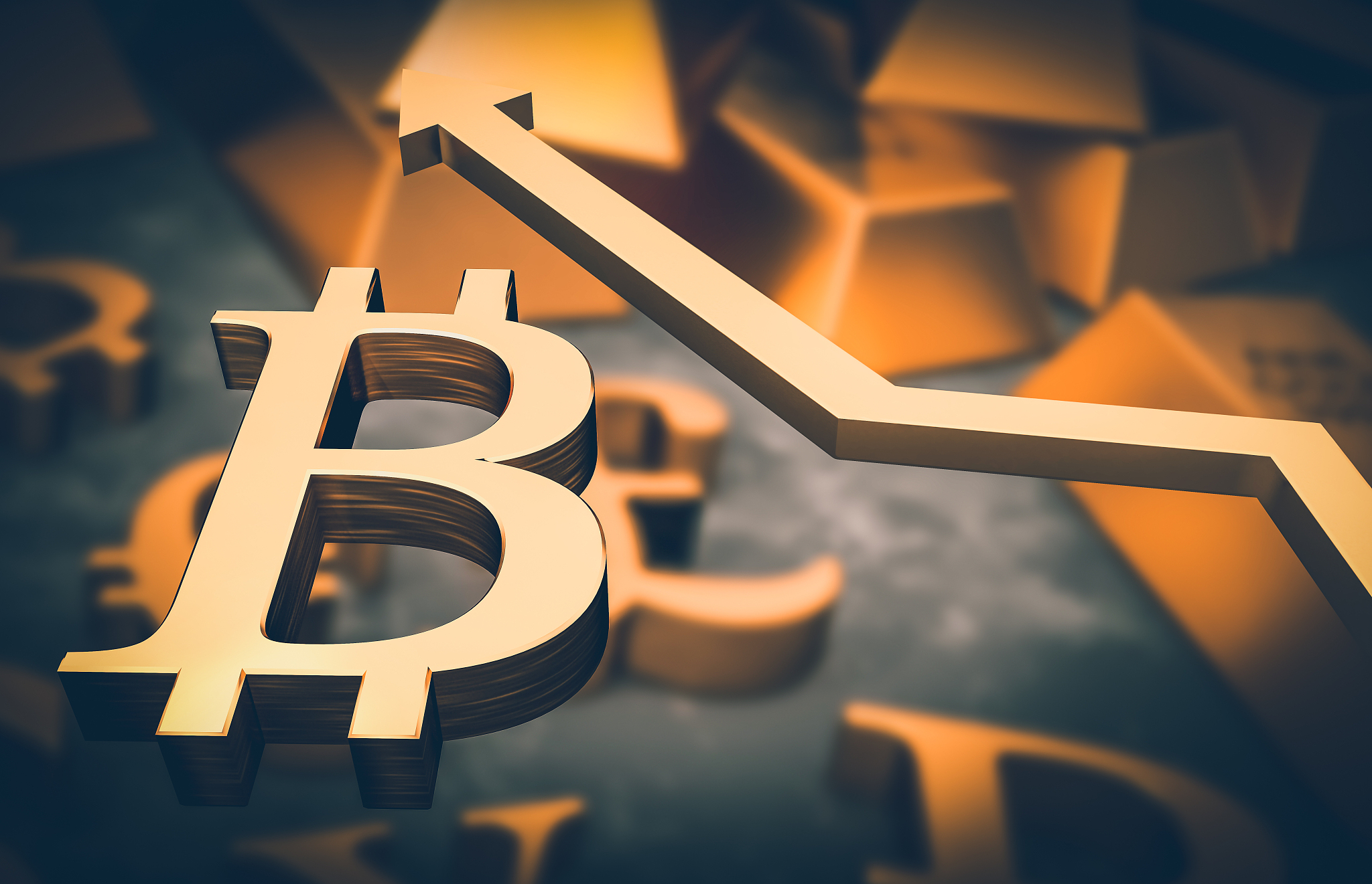 golden bitcoin symbol and golden arrow up
