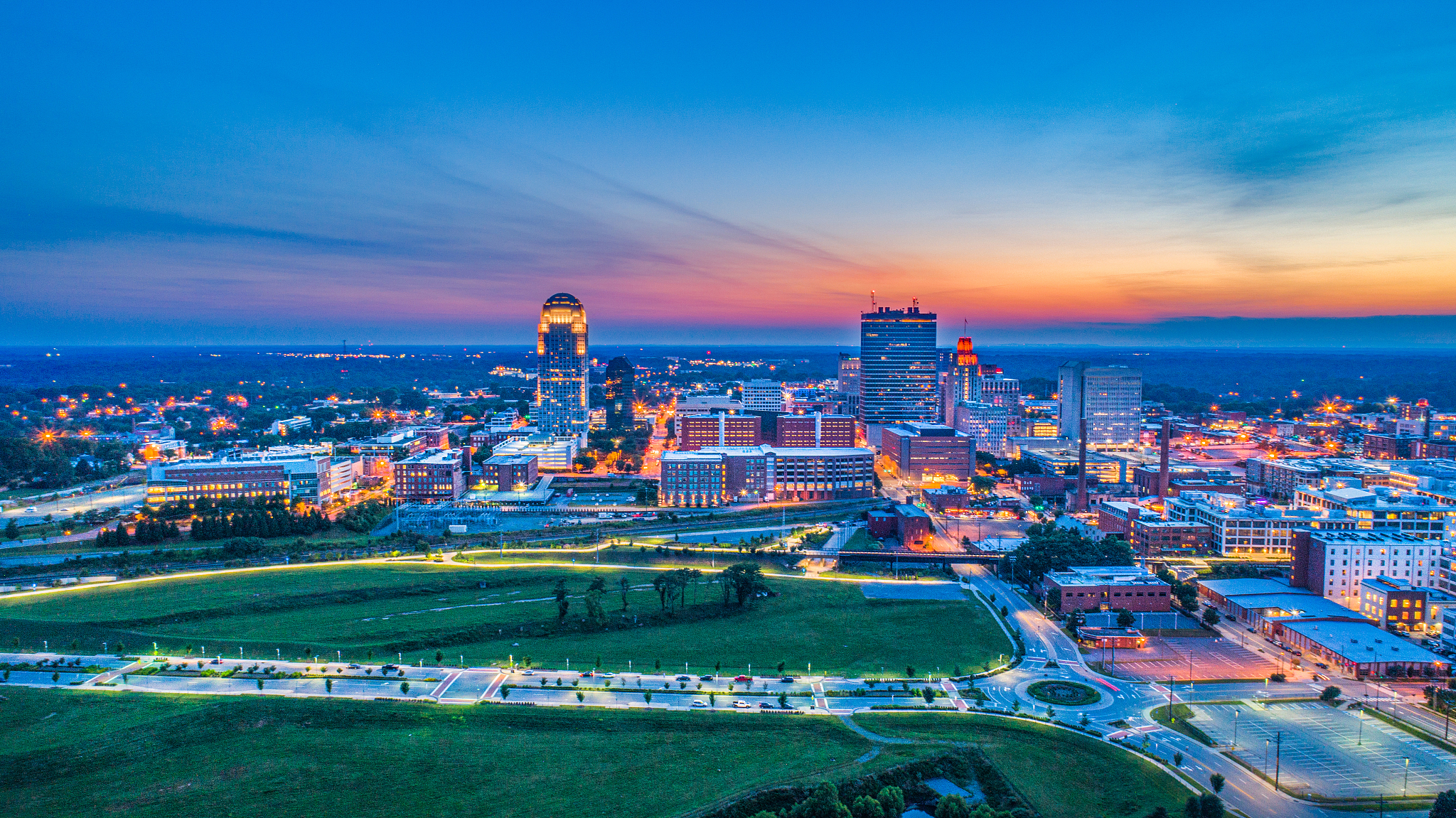 winston-salem north carolina nc downtown skyline aerial at sunse